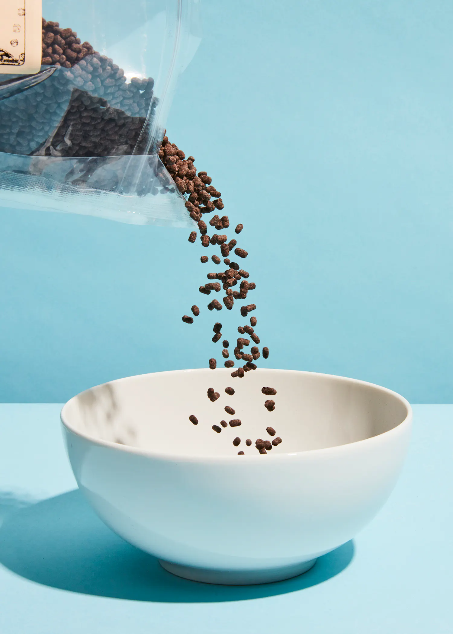 un bol blanc rempli de céréales est versé d' une bouteille