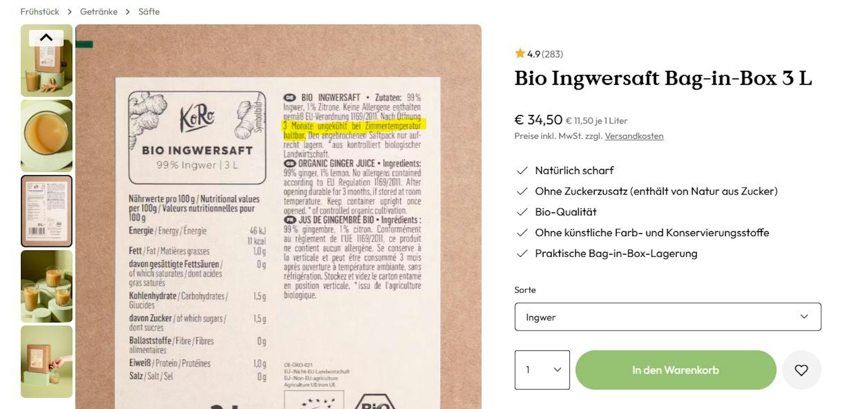 ein Screenshot eines Bio-Zingersafts in einer Box