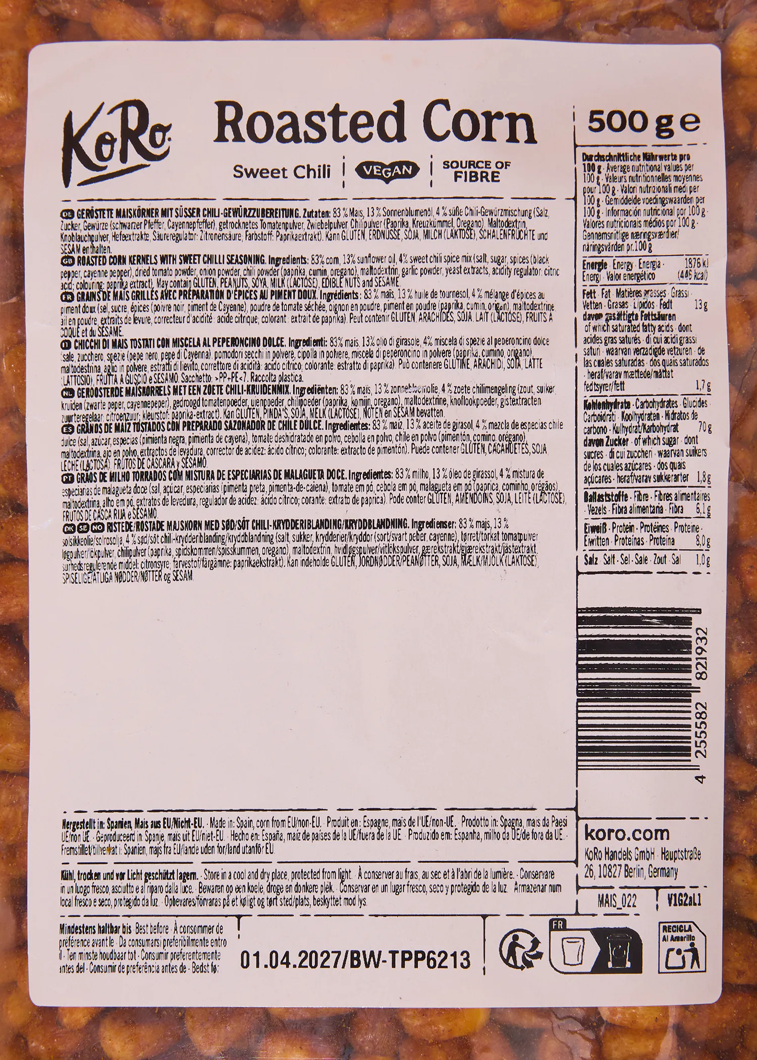 Geroosterde maïskorrels sweet chili | 500 g