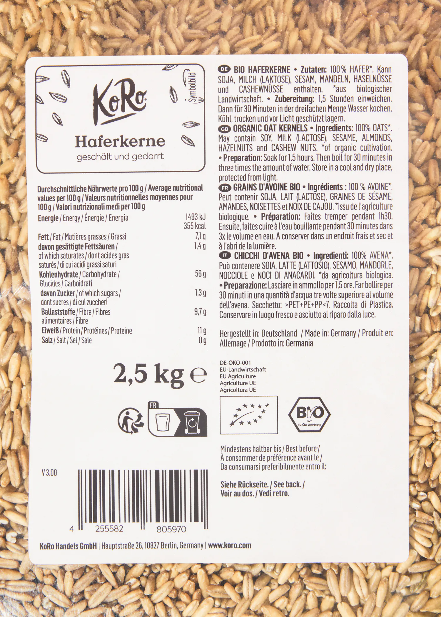 the back of a package of oat kernels contains information about the product