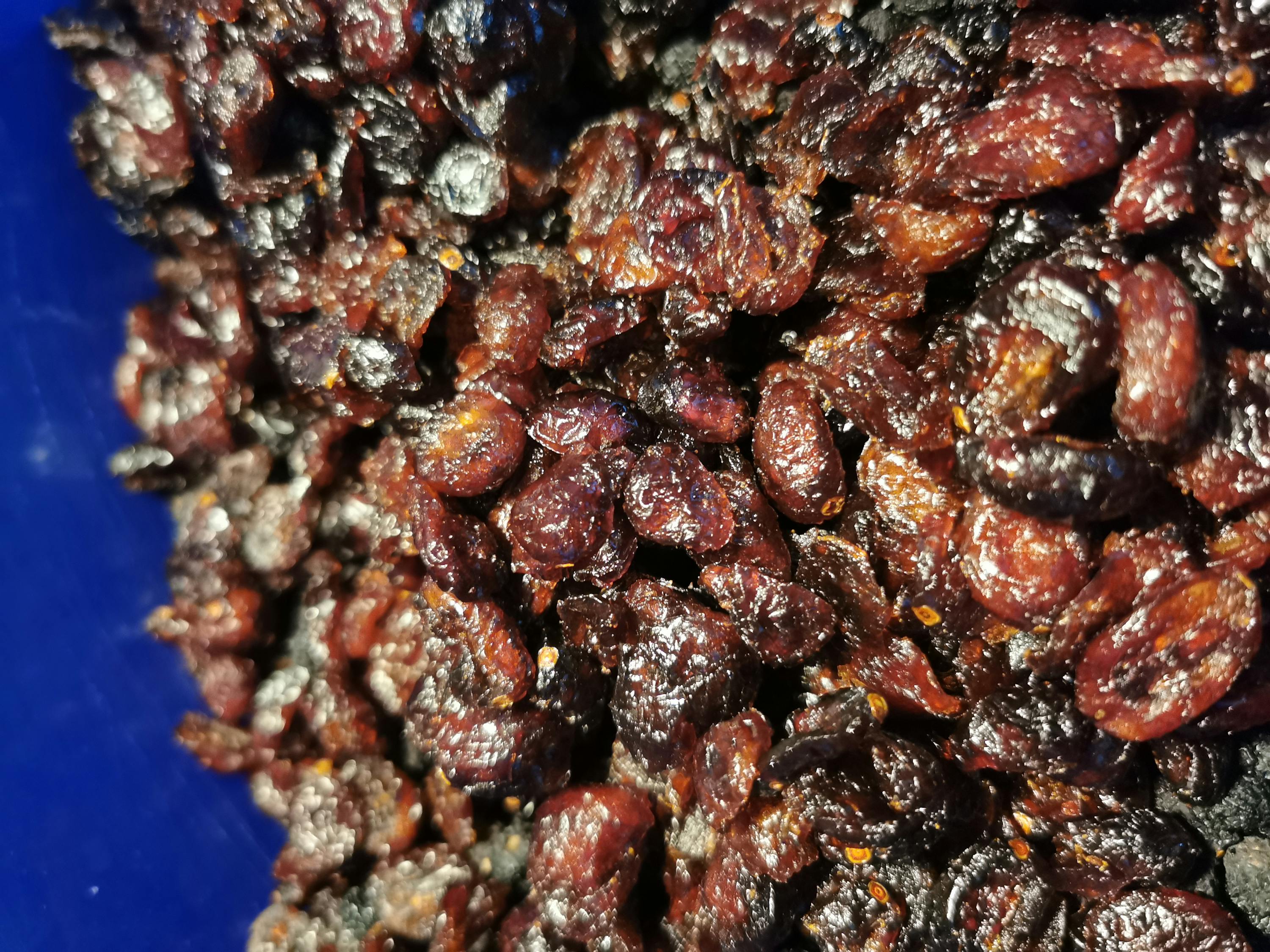 eine Nahaufnahme von einem Haufen Kirschen in einer blauen Schüssel