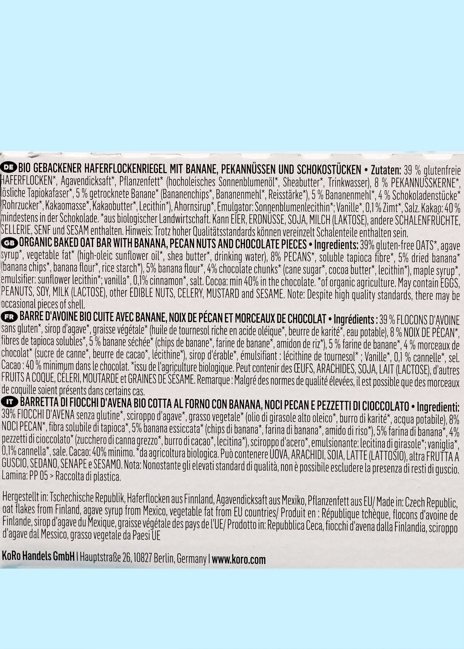die rückseite einer packung bio gebackener haferflockenriegel mit Banane , Pekannüssen und Schokoladestücken