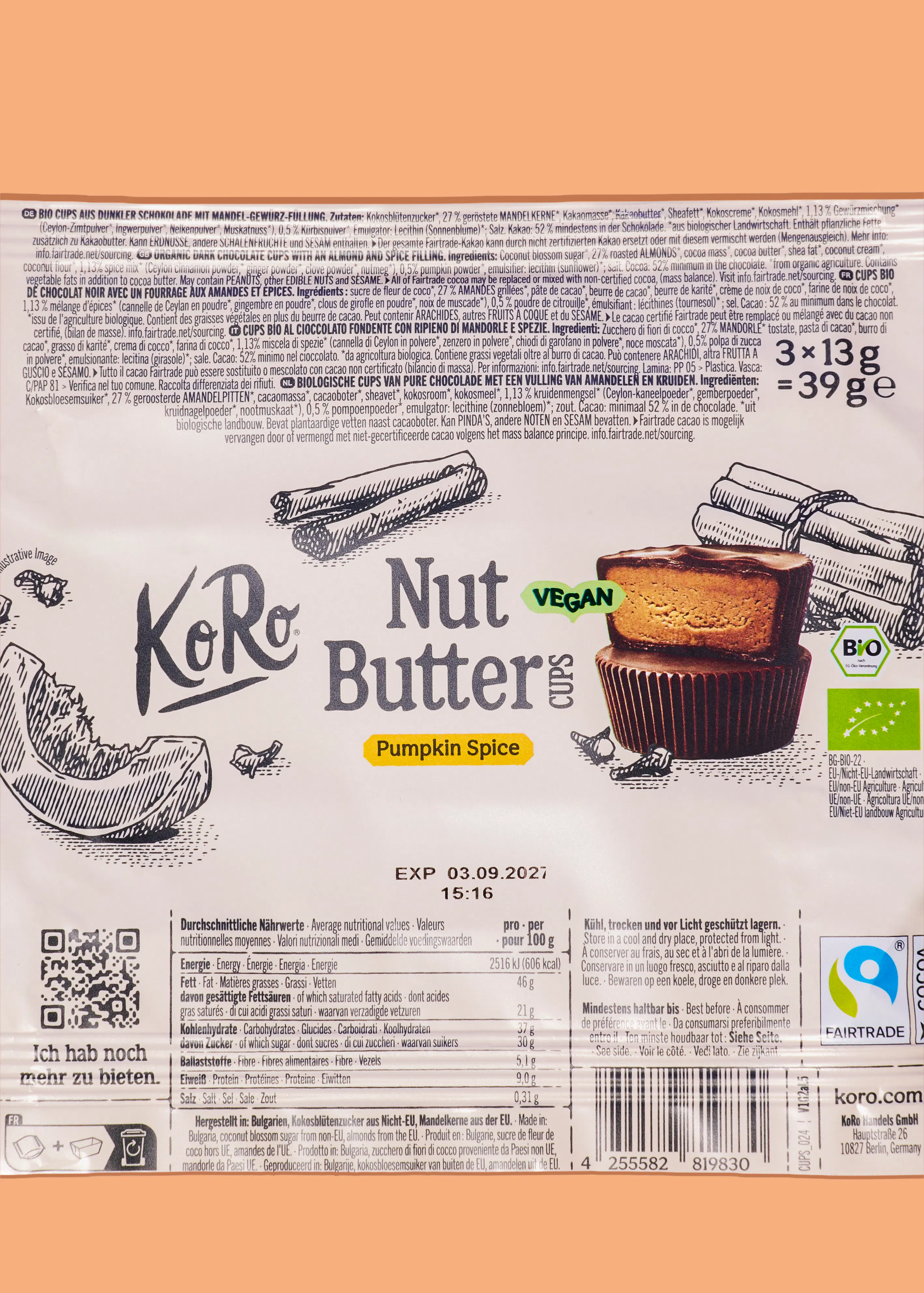 retro di una confezione di cioccolatini vegani koro al gusto zucca con tabella nutrizionale e informazioni sul prodotto.