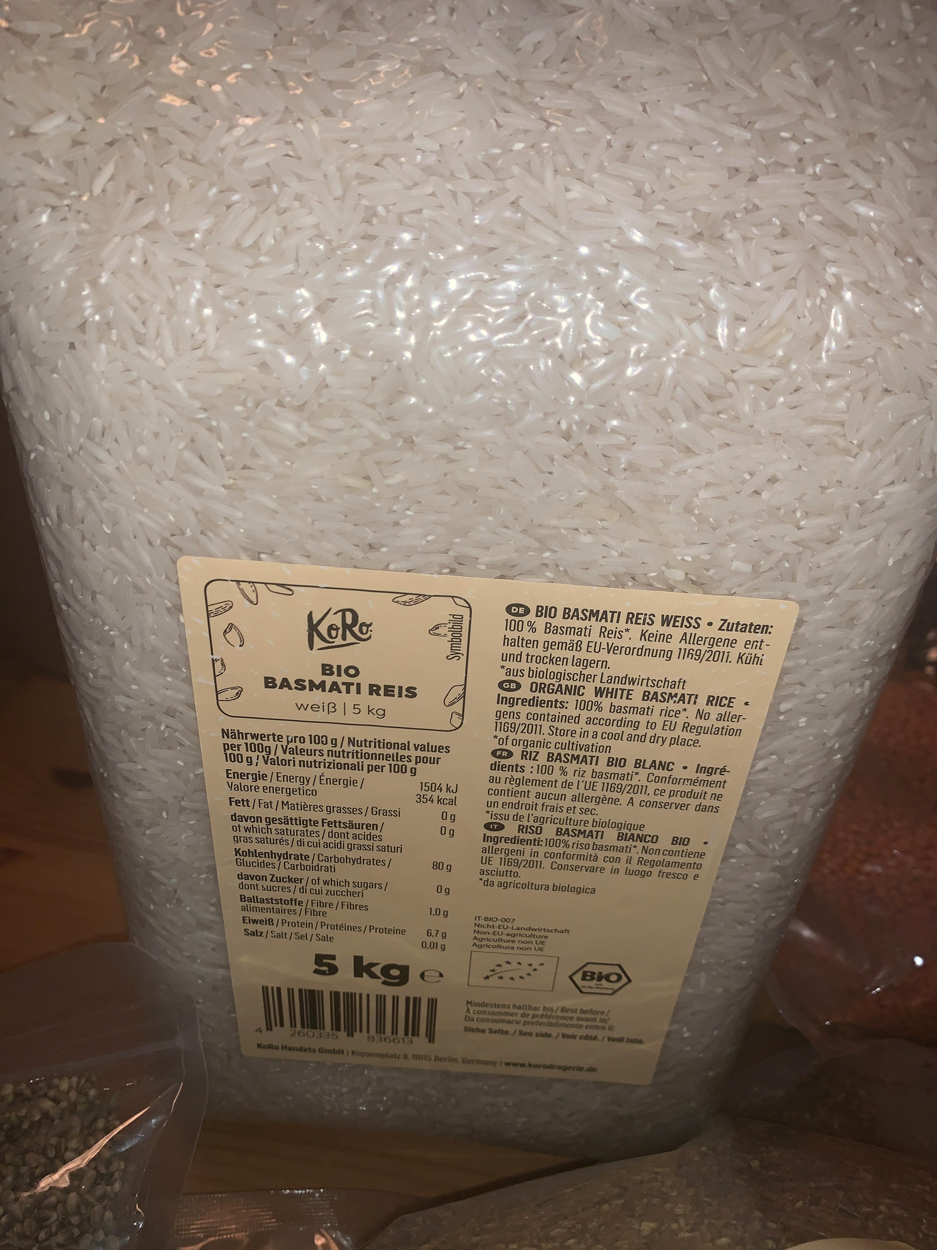 a bag of basmati rice with a label that says " bio basmati rice "