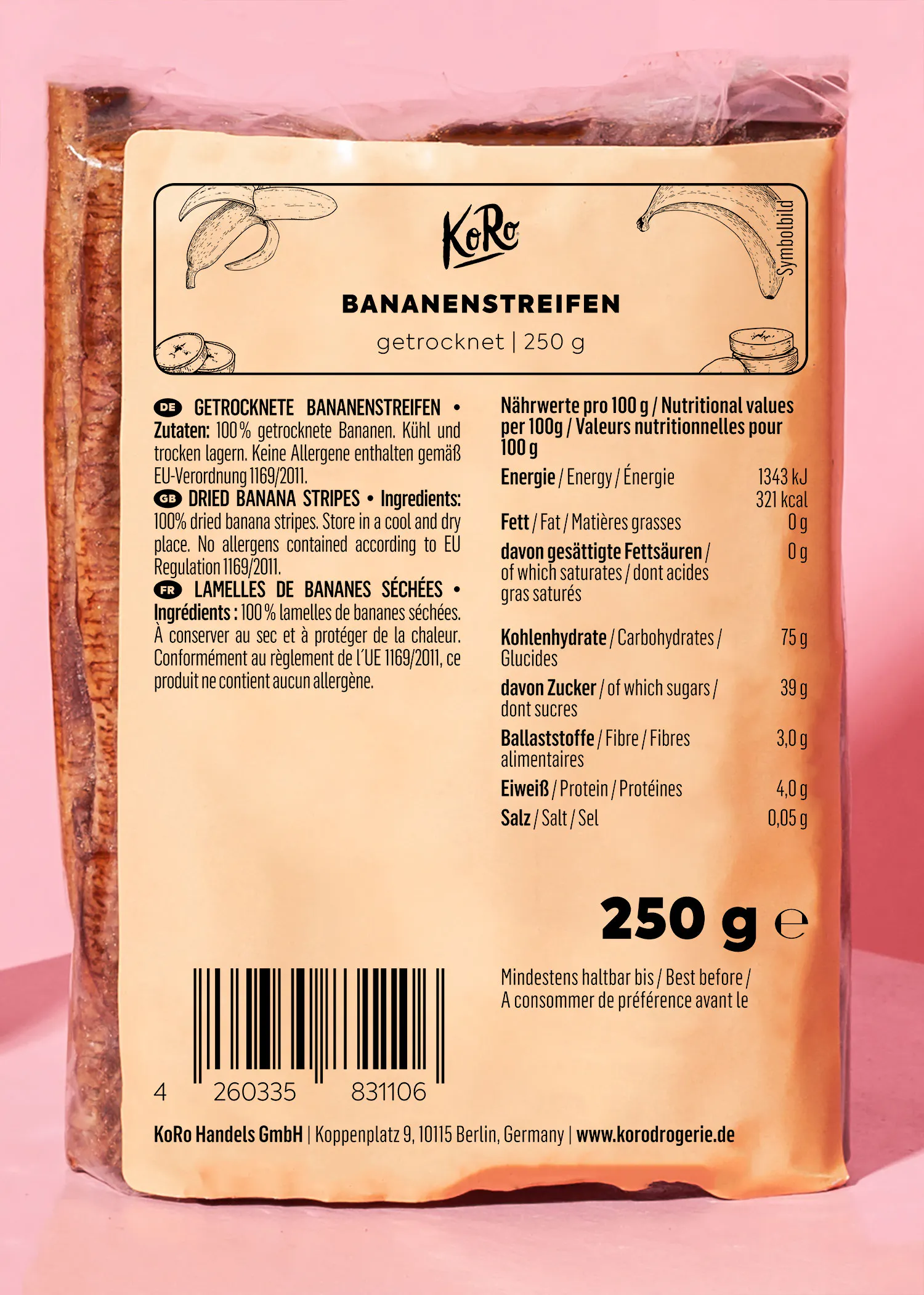 l' arrière d' un paquet de bananes séchées 250 g