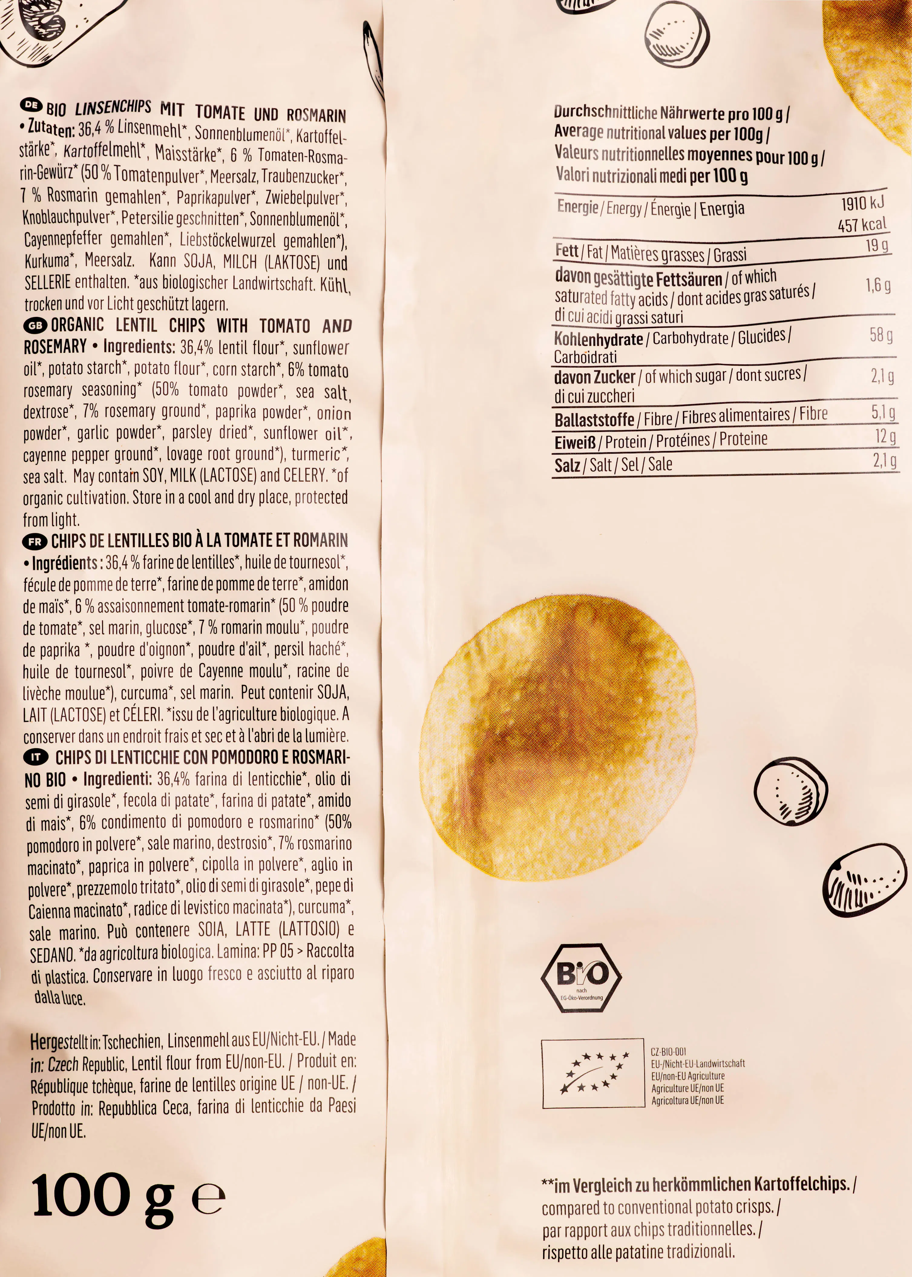 l' arrière d' une boîte de chips de lentilles bio avec tomates et romarin