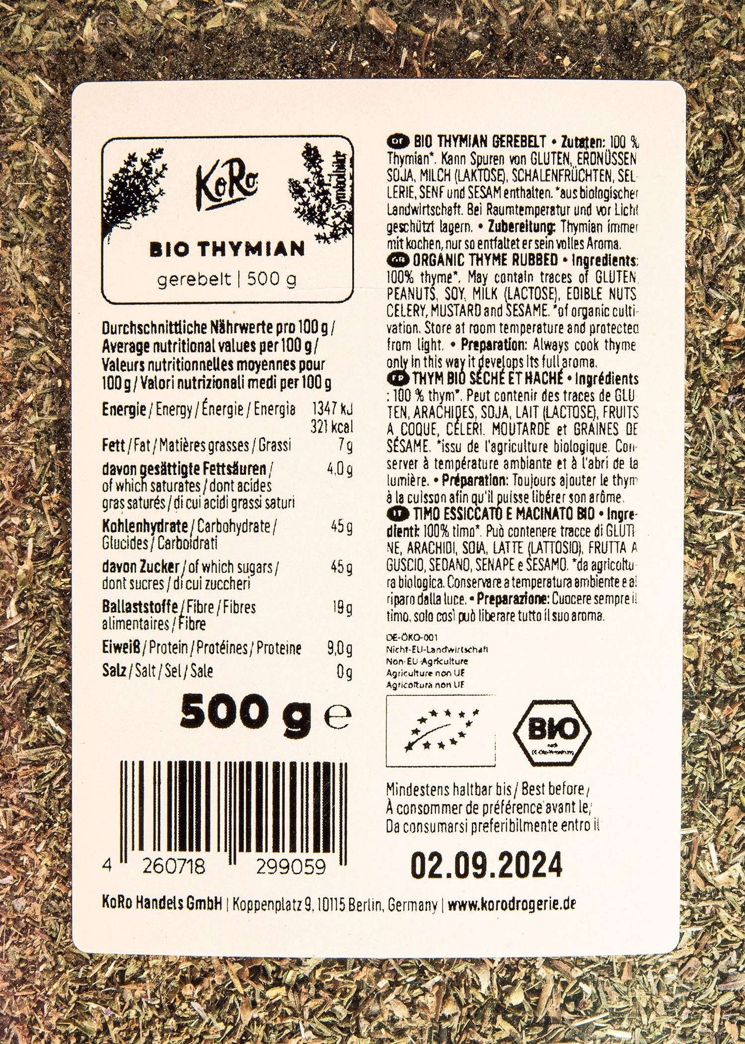 die Rückseite eines Etiketts für bio Thymian 500 g