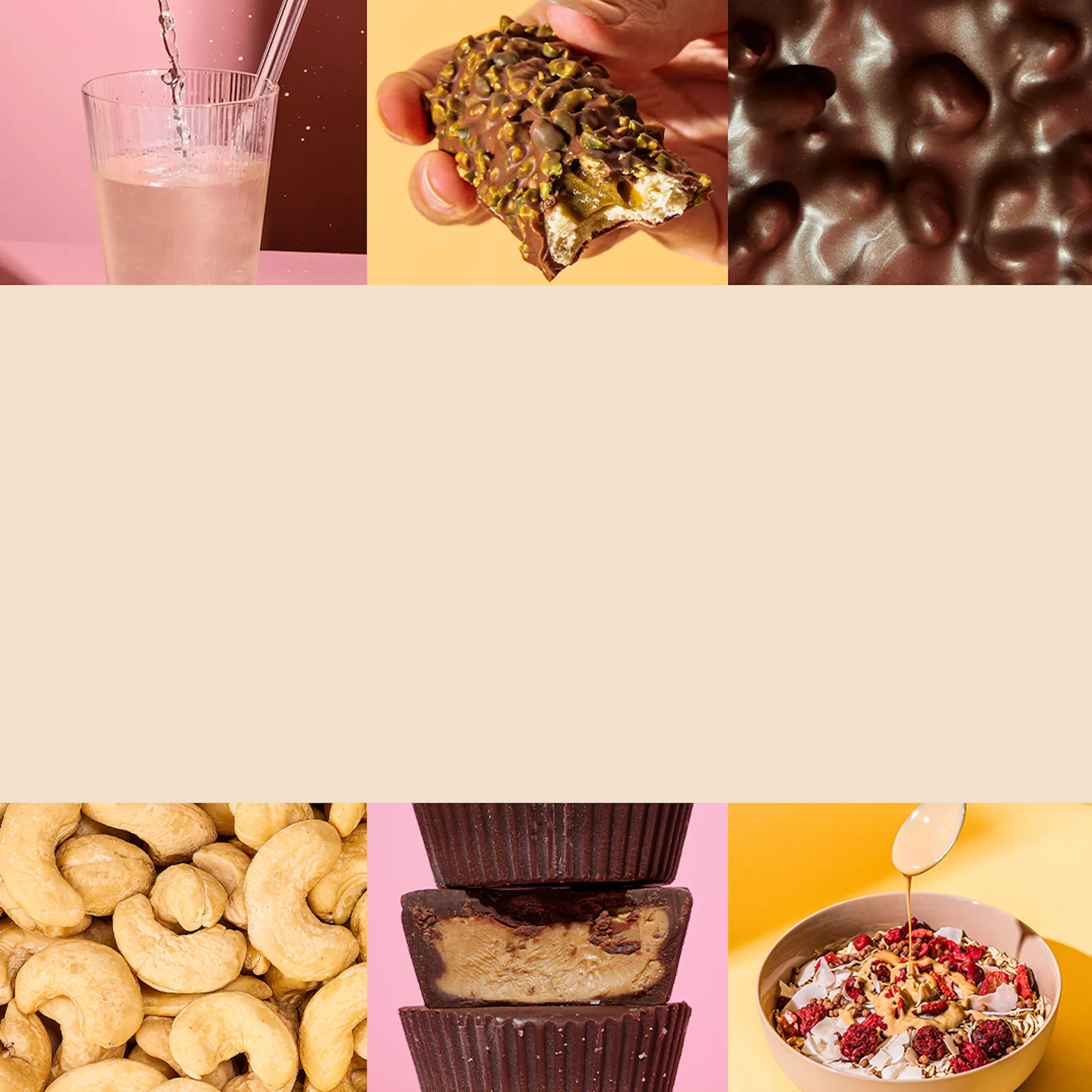 a collage of different types of food including cashews and chocolate