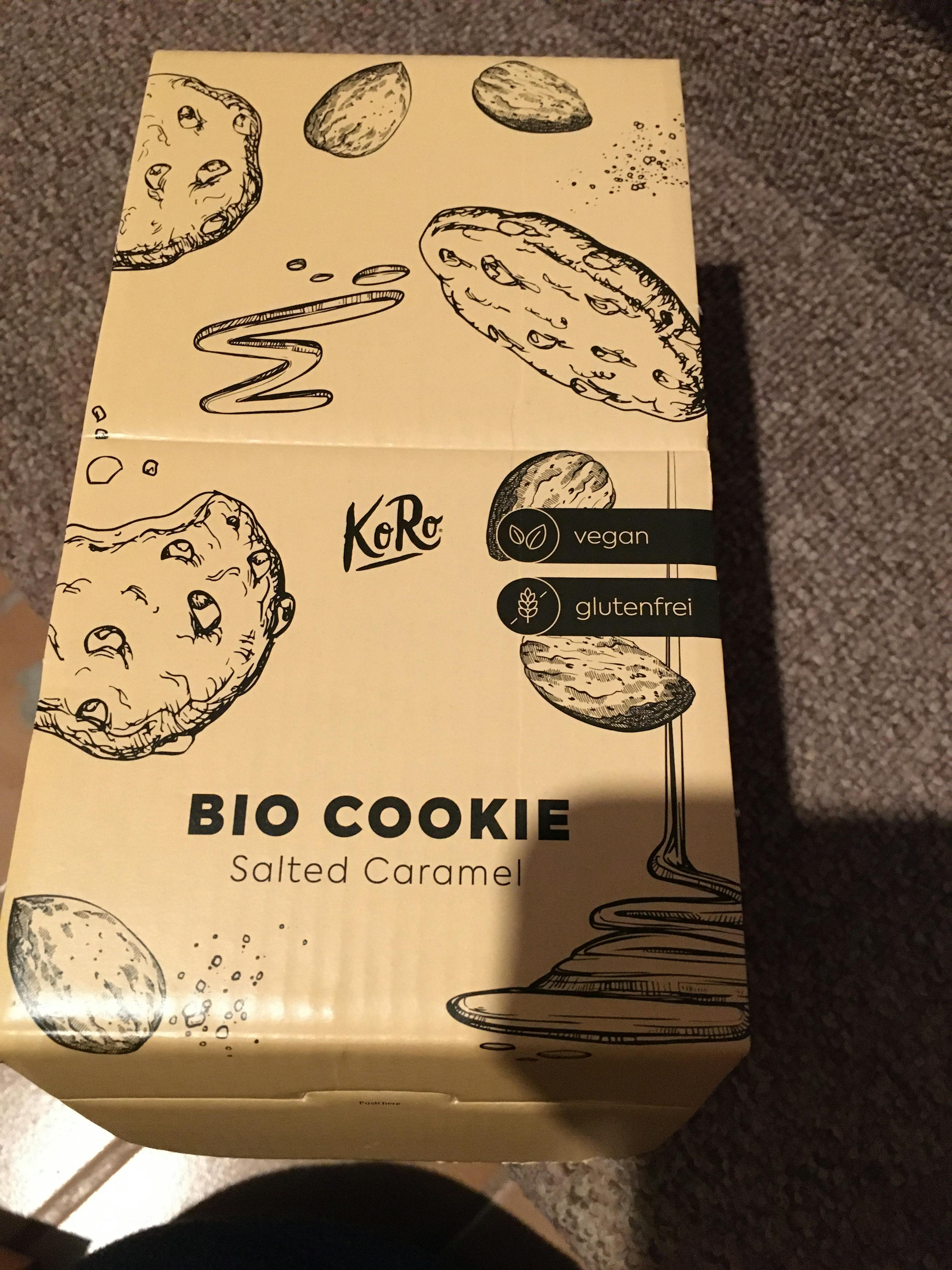 a box of bio cookie salted caramel sits on a table