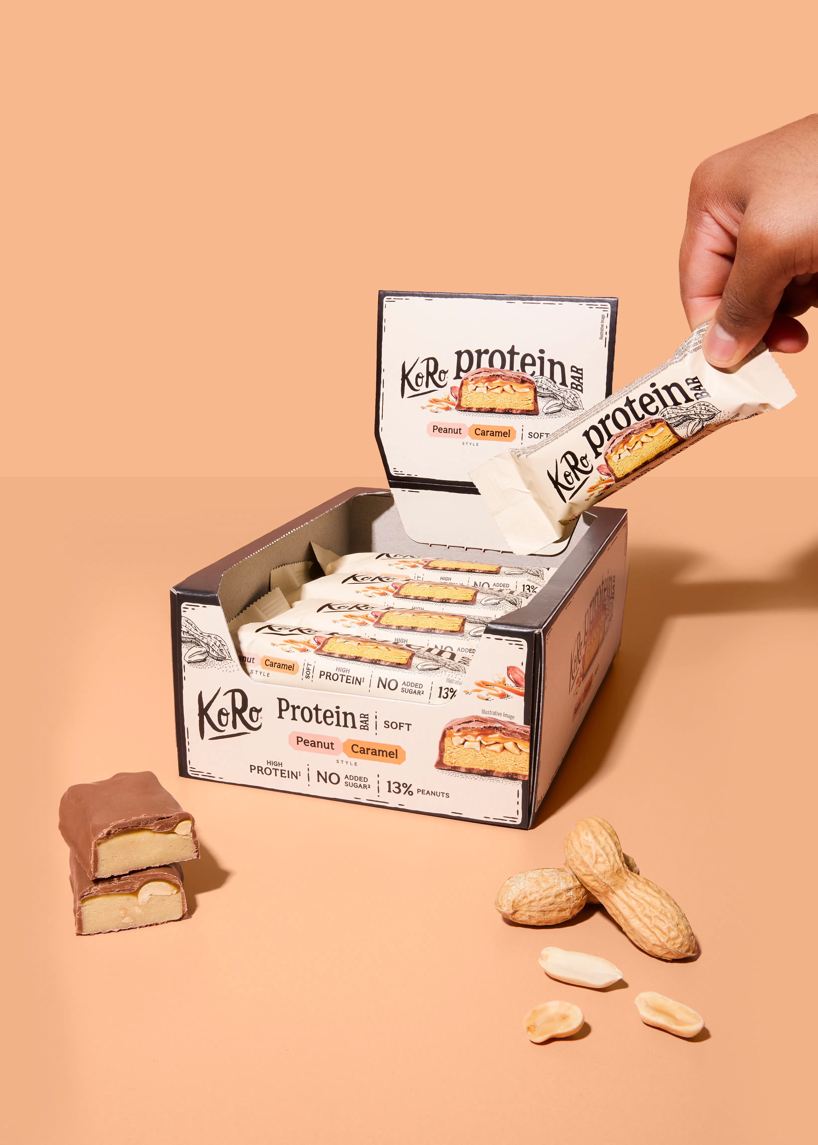 eine hand entnimmt einen koro protein erdnuss-karamell-riegel aus einer geöffneten schachtel, daneben liegen aufgeschnittene riegel und erdnüsse.