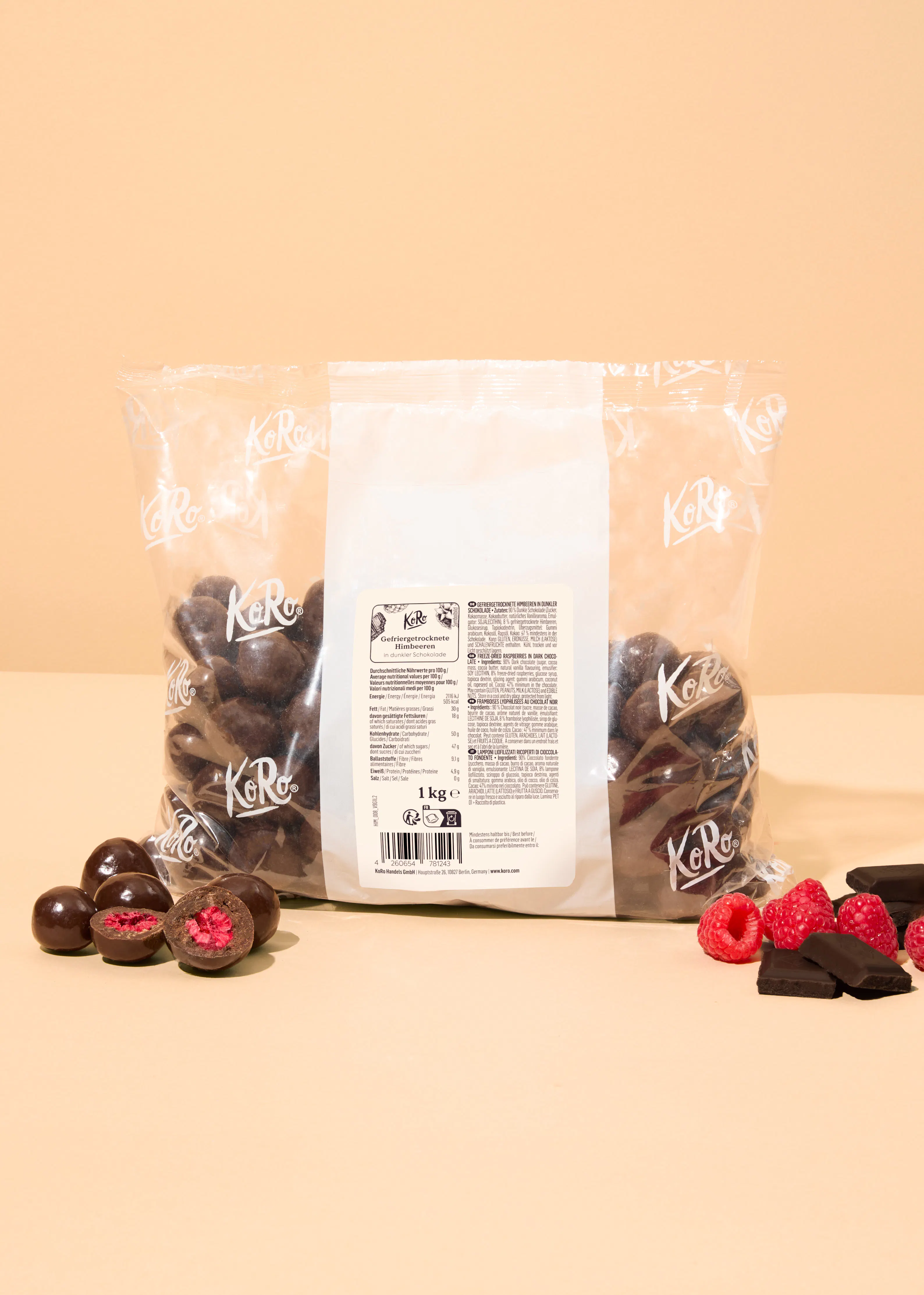 a bag of chocolate covered raspberries is sitting on a table