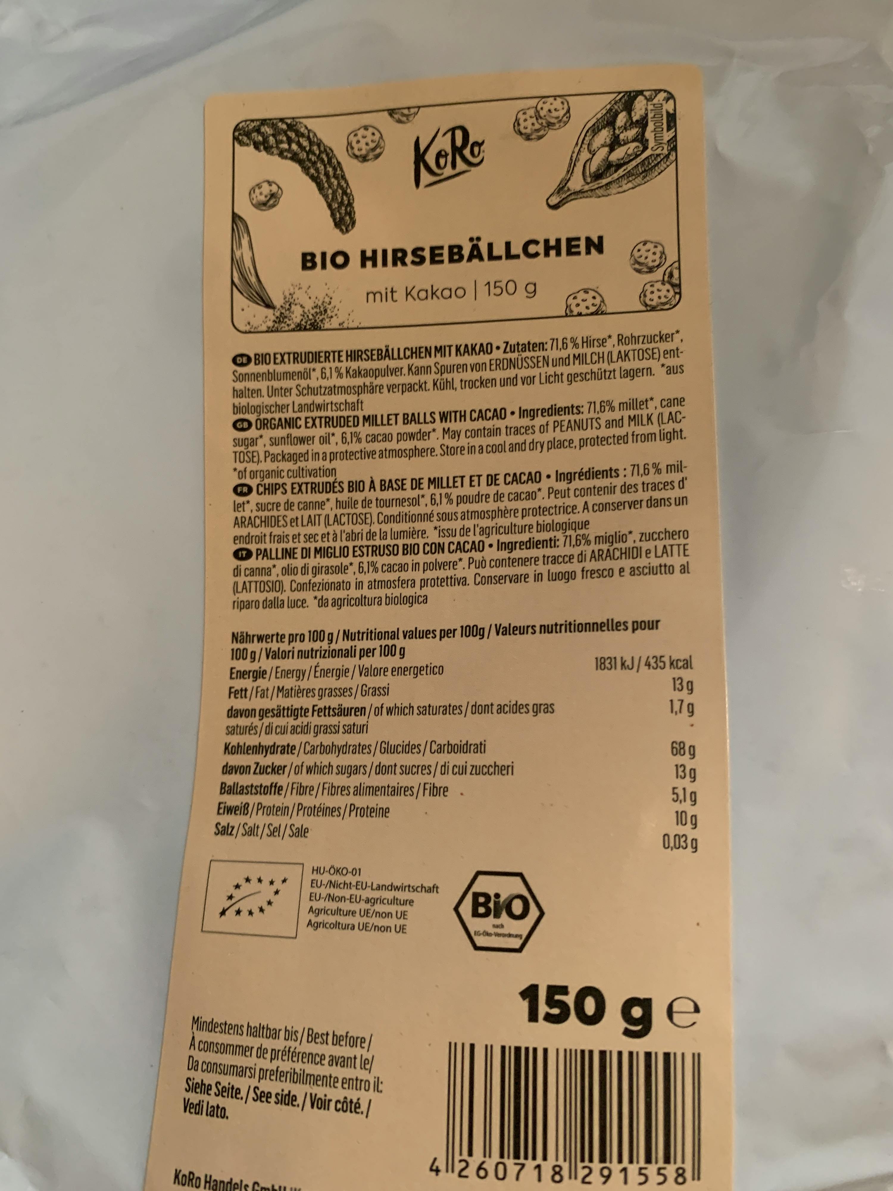 die Rückseite eines Bio-Hirseballen-Beutels