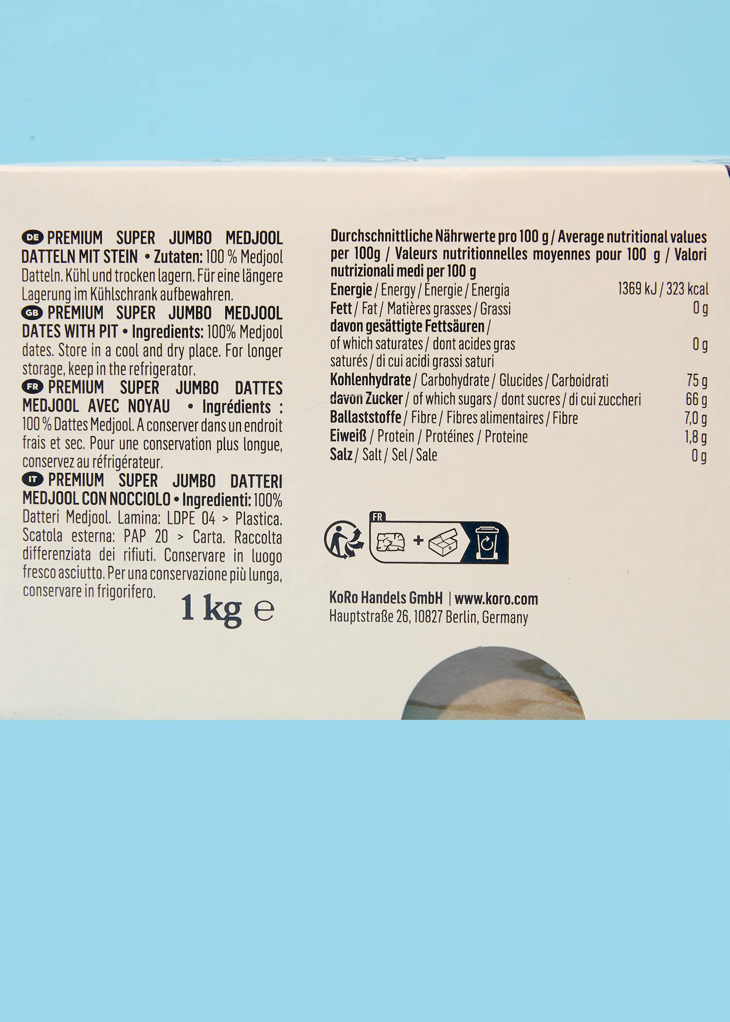 die Rückseite einer Schachtel mit einem Gewicht von 1 kg