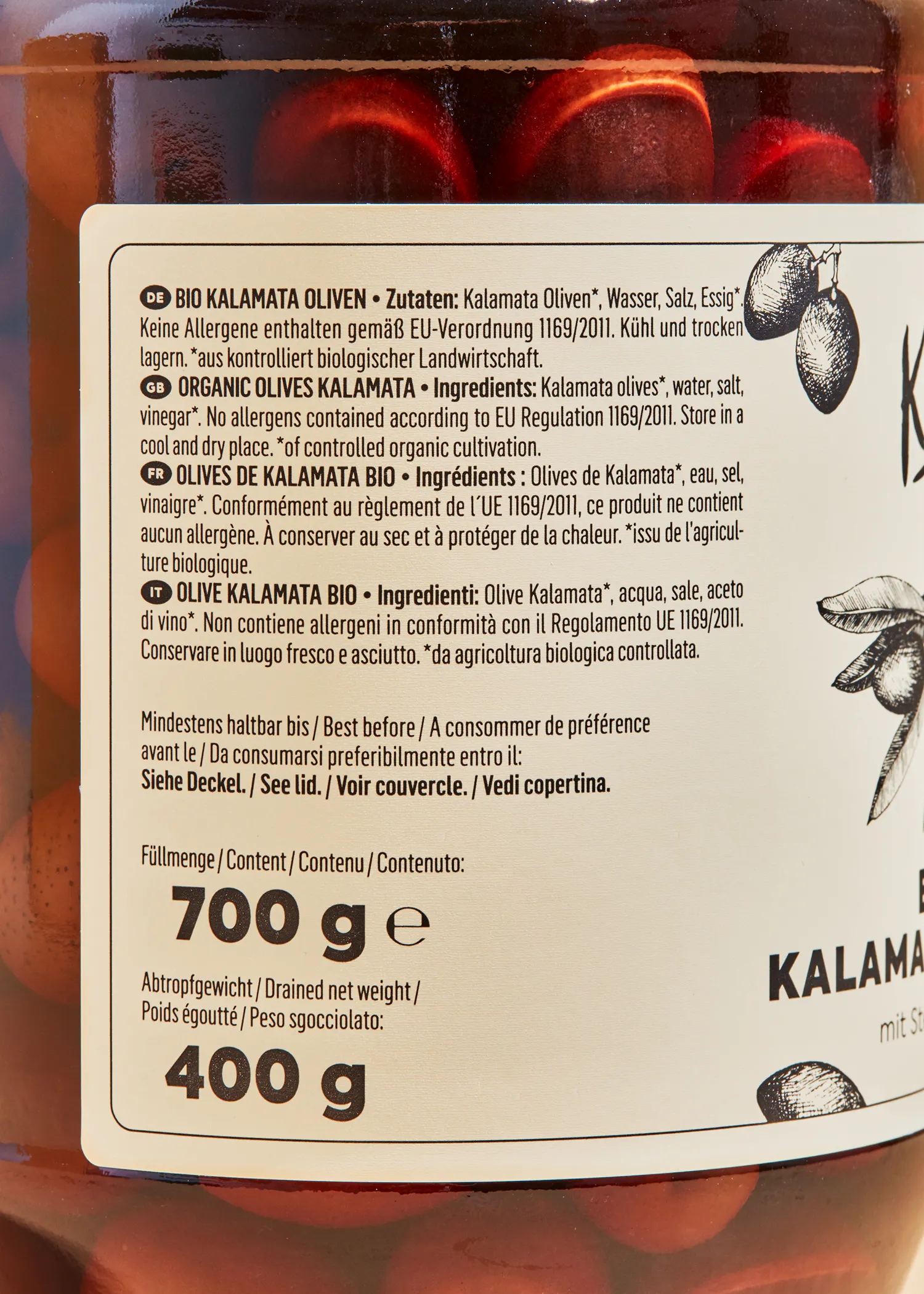 l' arrière d' une bouteille d' olives de kalamata bio