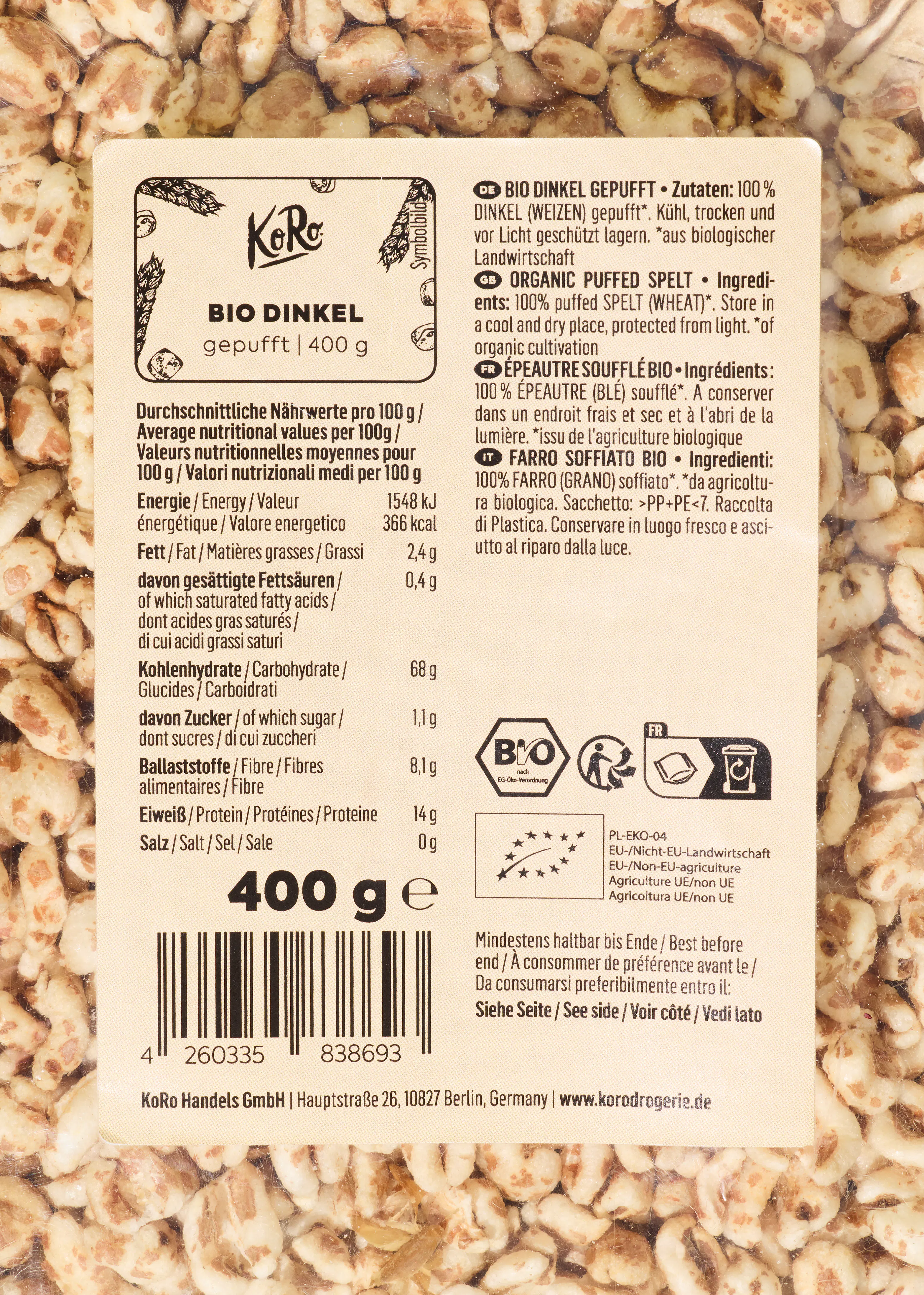 l' arrière de l' emballage d' un produit bio de 400g