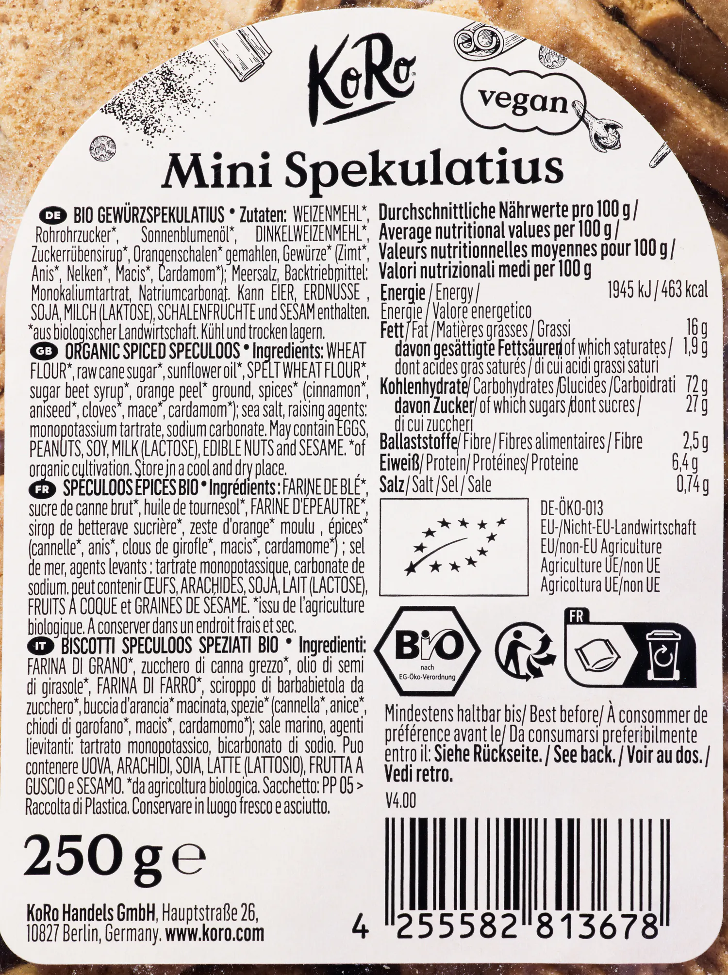 a label for a 250g container of mini speculatius