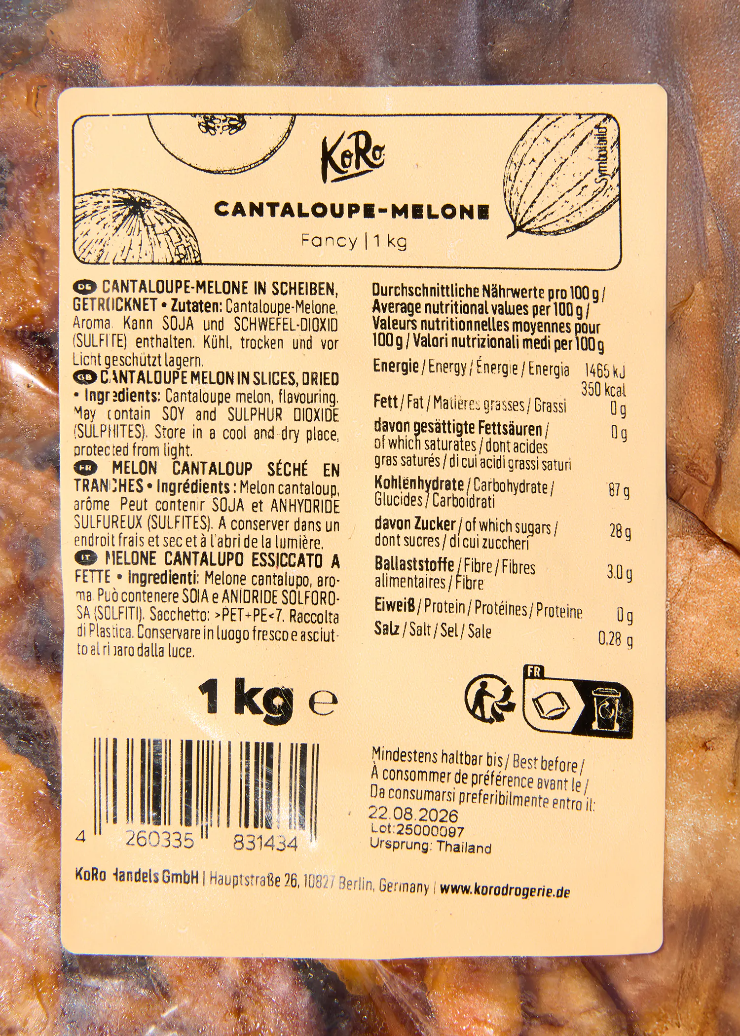 a koro brand product label for 1 kg of dried cantaloupe melon slices, showing nutritional information and ingredients in multiple languages.