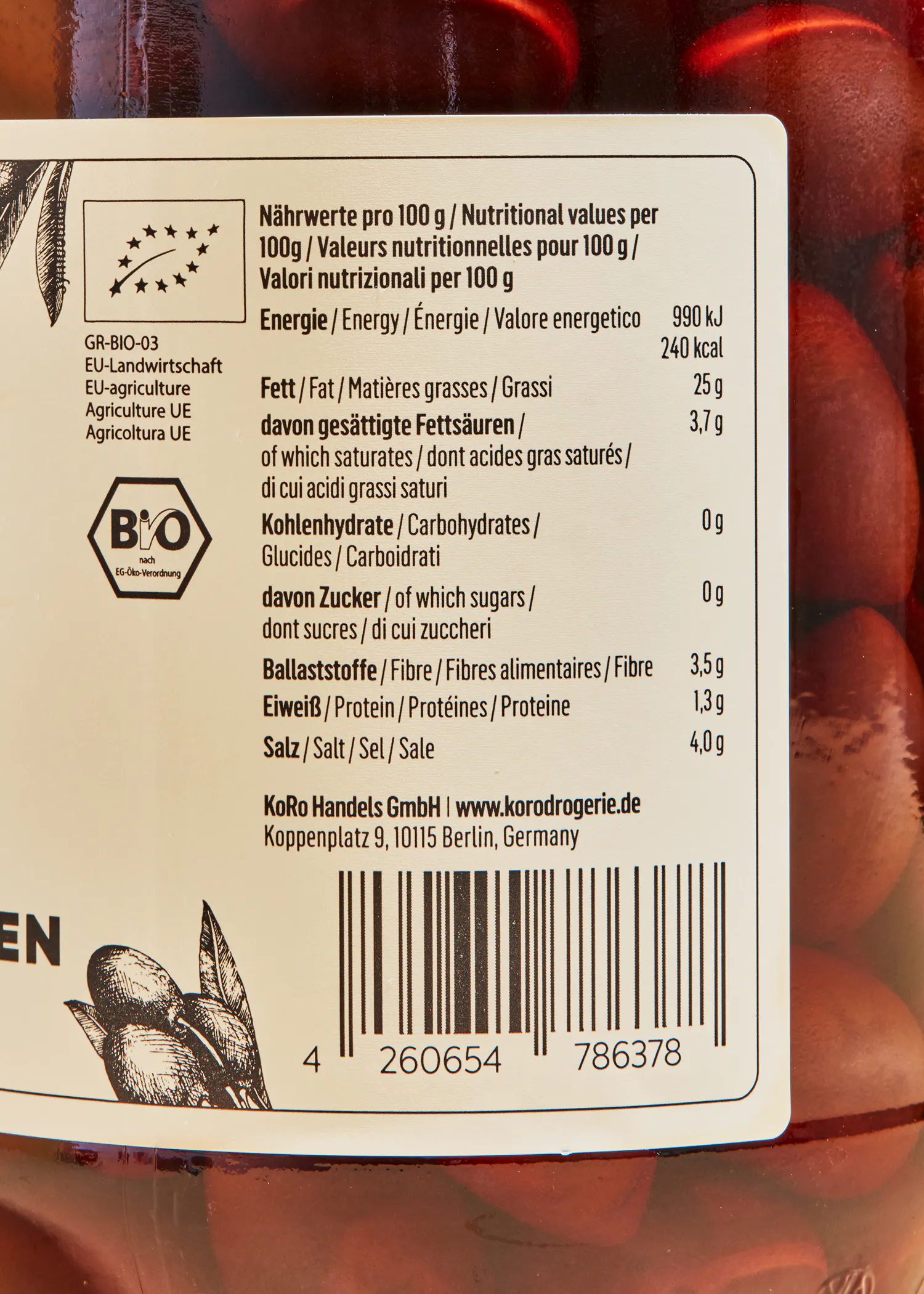 l' étiquette d' un bocal contient des valeurs nutritionnelles pour 100g