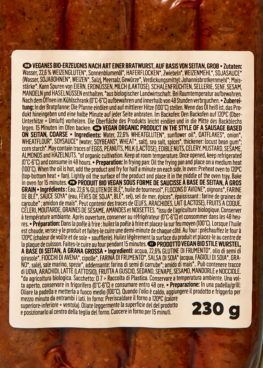 l' arrière de l' emballage d' un aliment avec 230 g