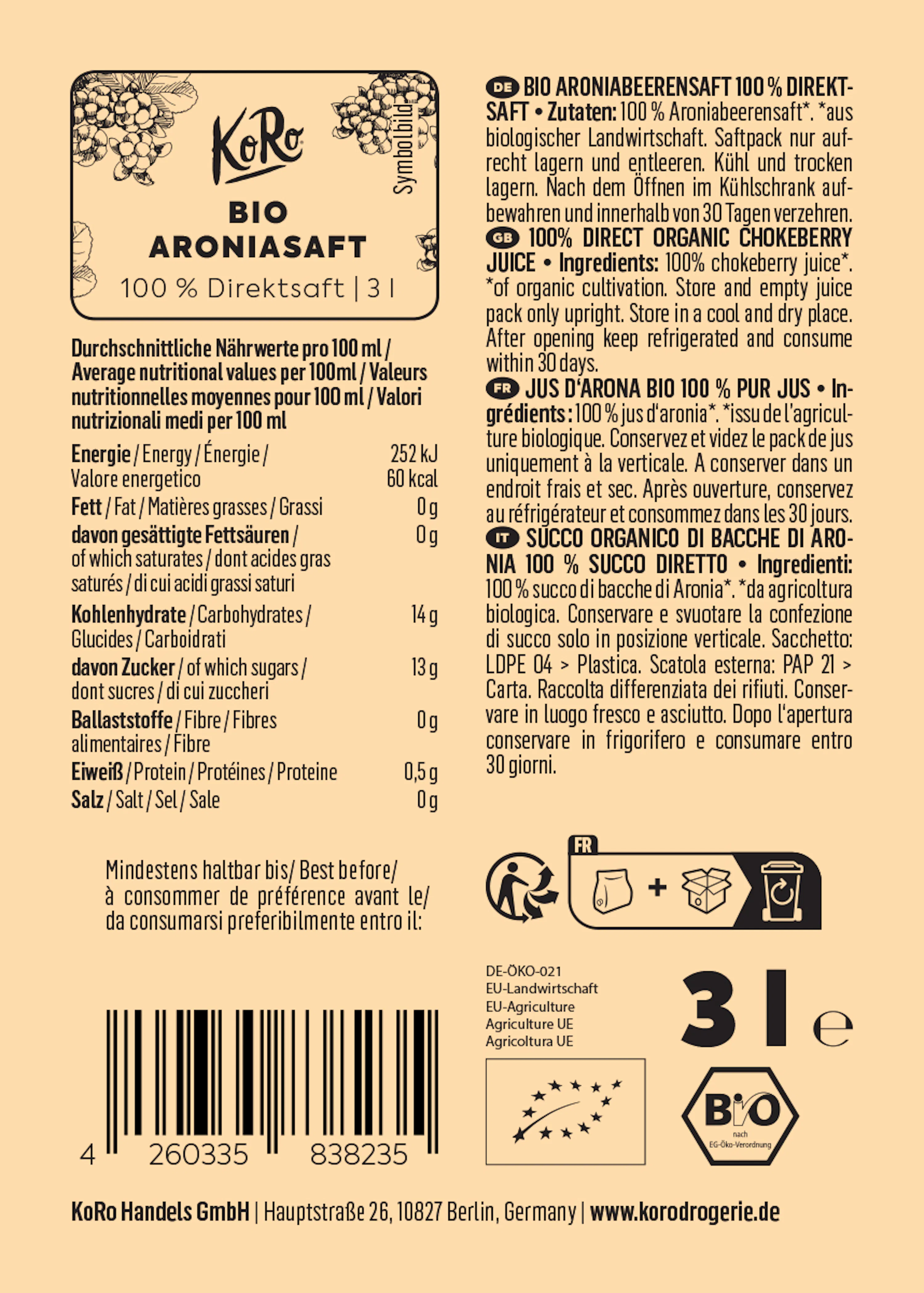 Bio Aronia Saft Bag-in-Box | 3 L — 3