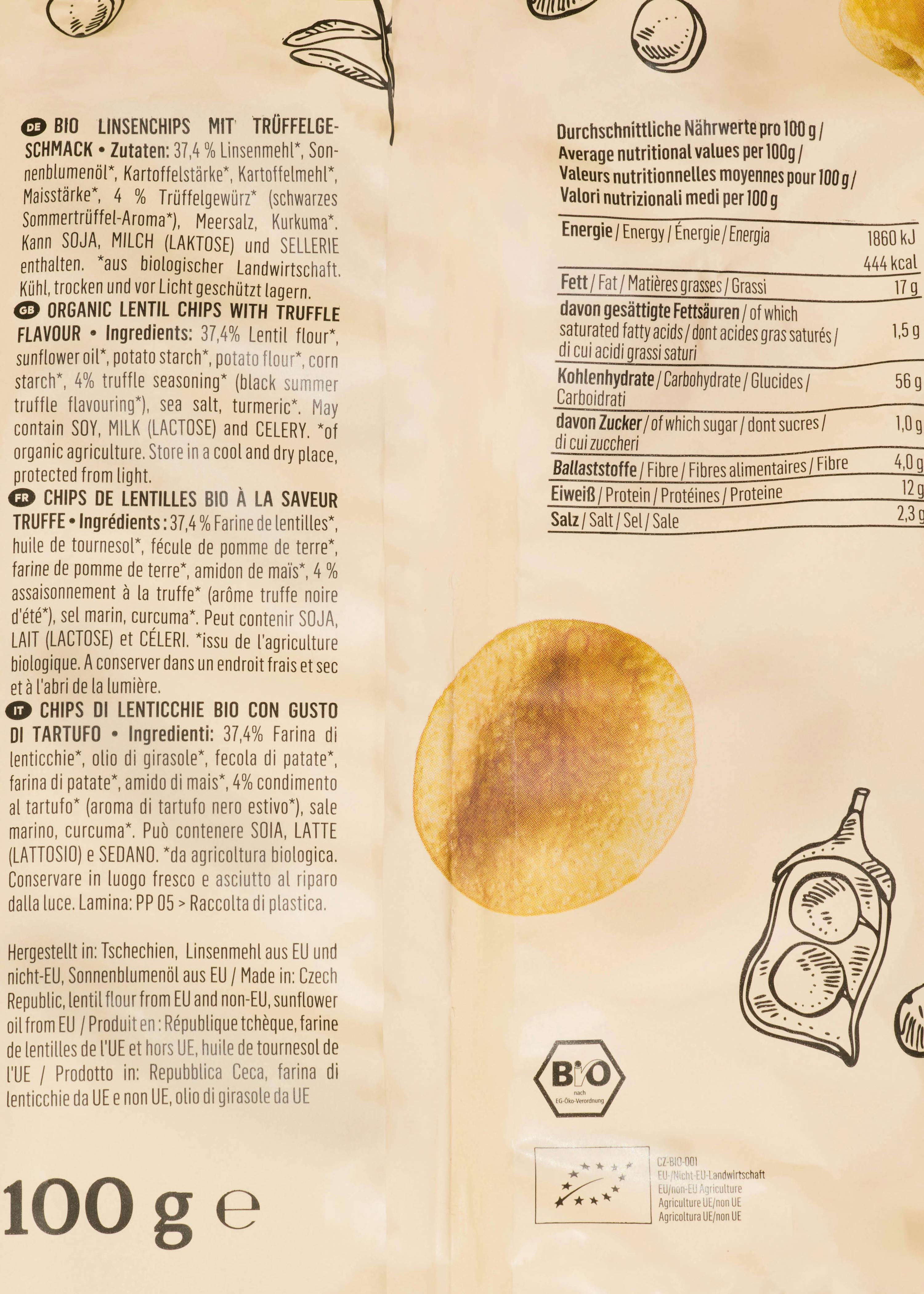 eine Packung Linsenchips mit Trüffelgeschmack enthält 100g
