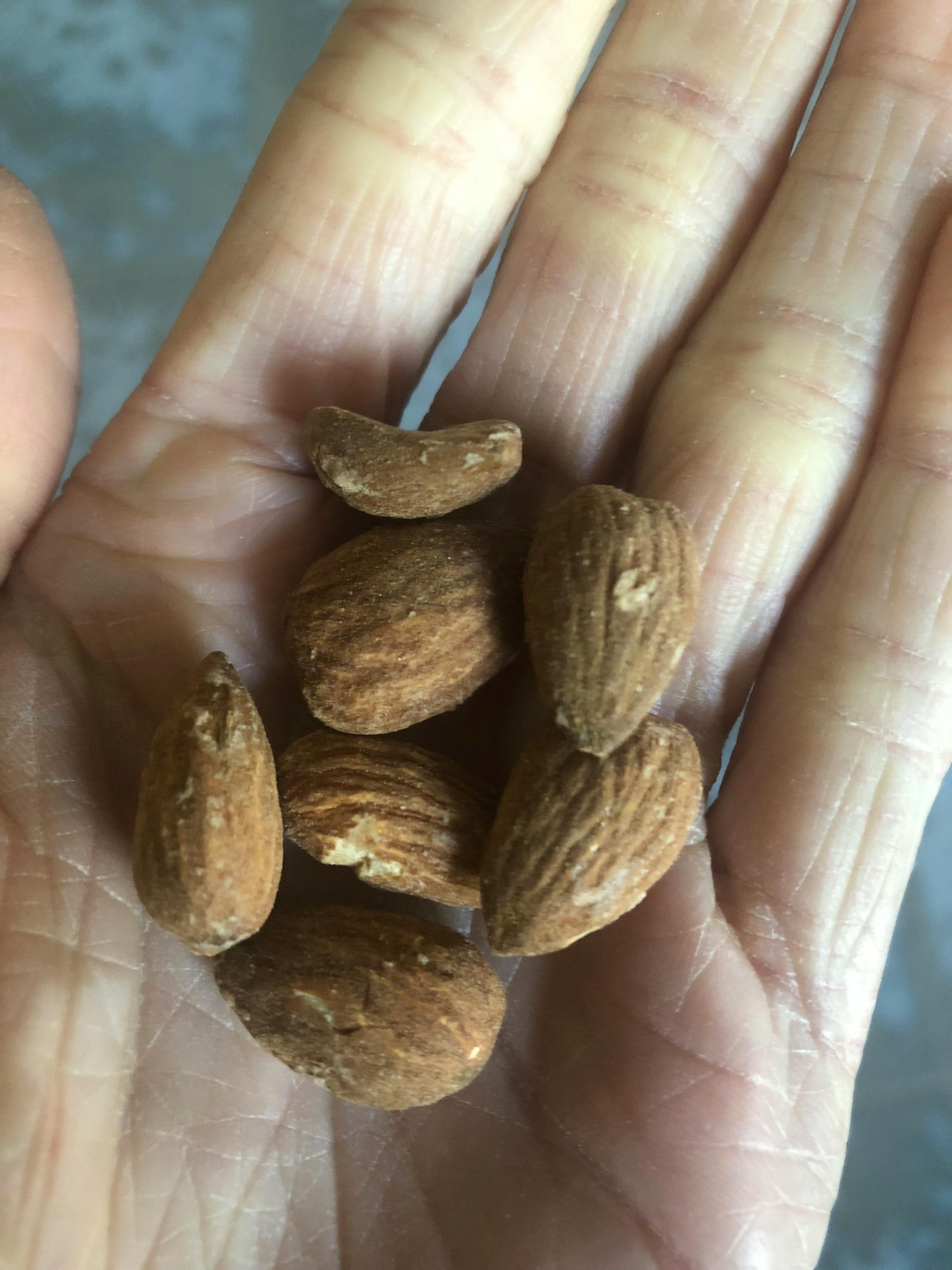 a person holding a handful of almonds in their palm