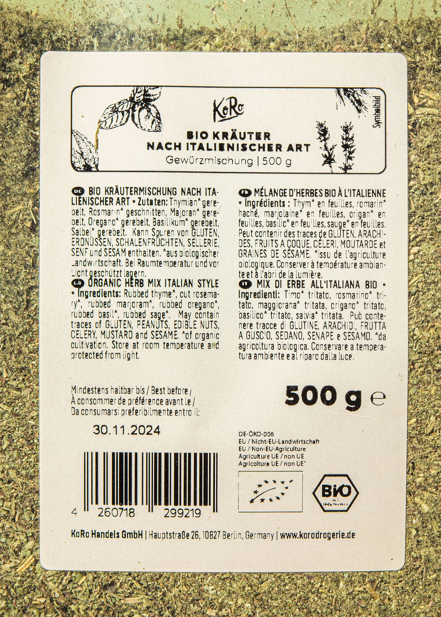 une étiquette d' un mélange d' herbes bio à l' italienne