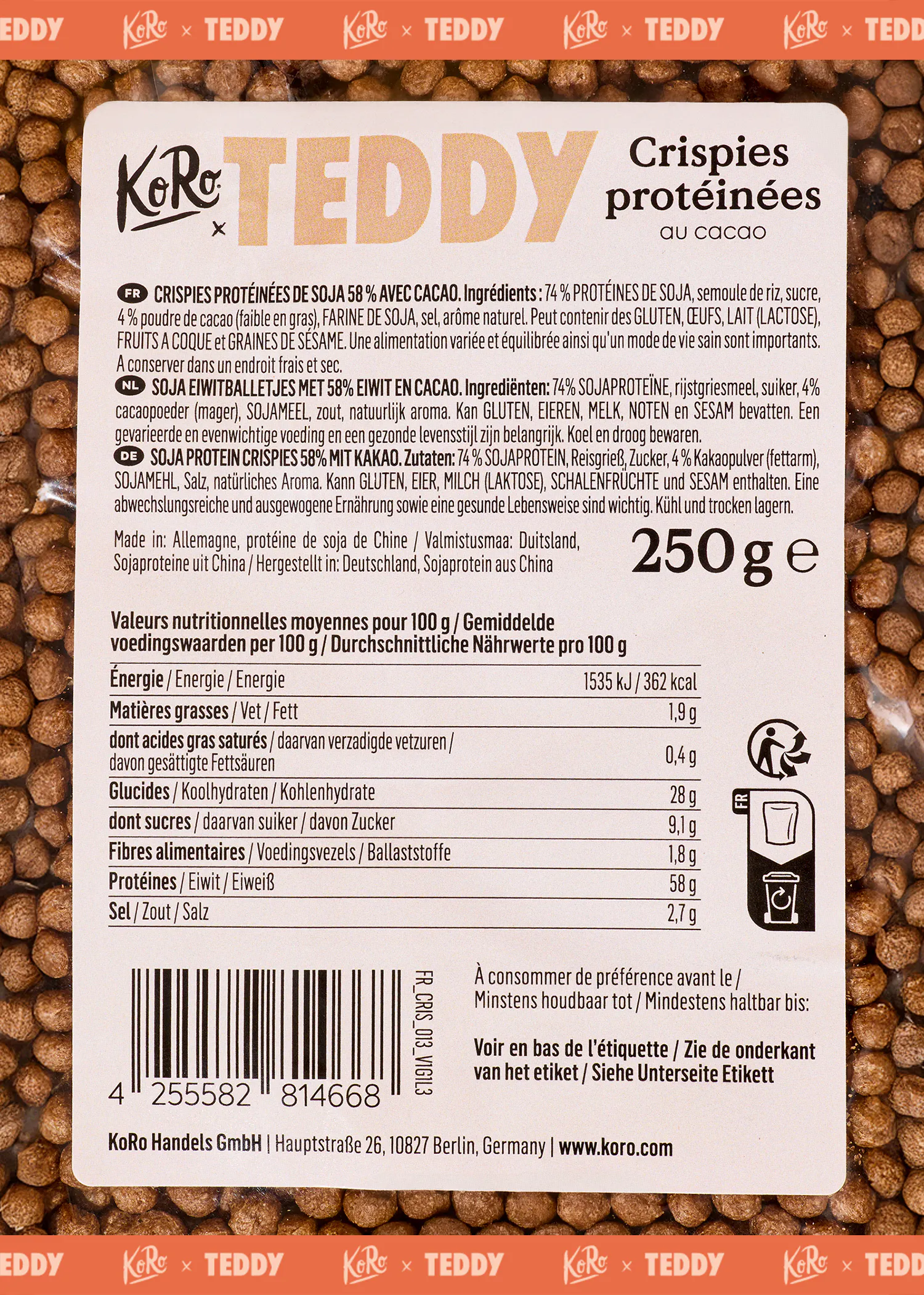 étiquette arrière d'un sachet de crispies protéinées au cacao koro x teddy, affichant les informations nutritionnelles, la liste des ingrédients en plusieurs langues, un code-barres et le poids de 250g.