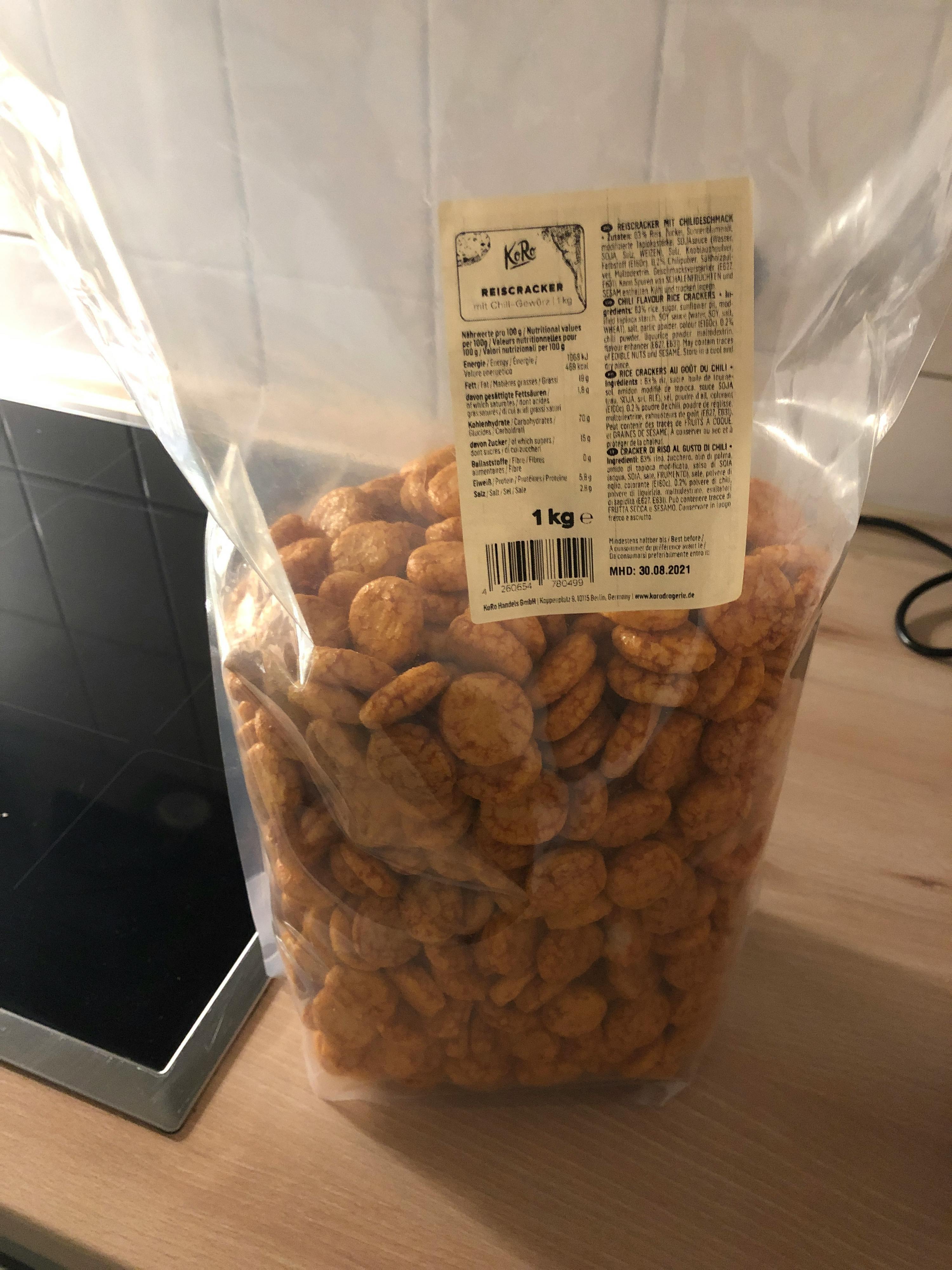 a bag of rice crackers is on a counter top