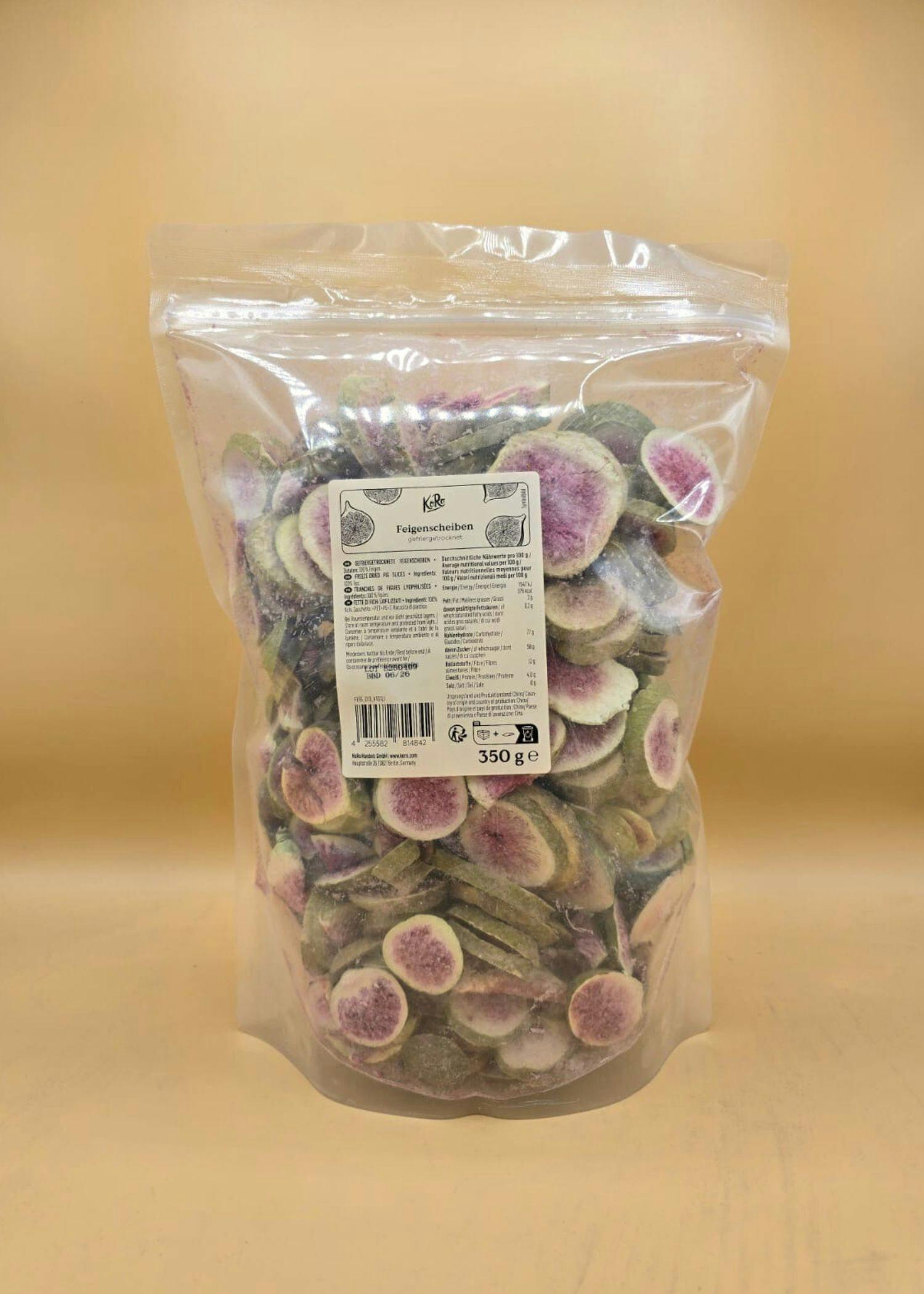 Freeze-dried fig slices 350g a bag of sliced figs has a label that says 350g