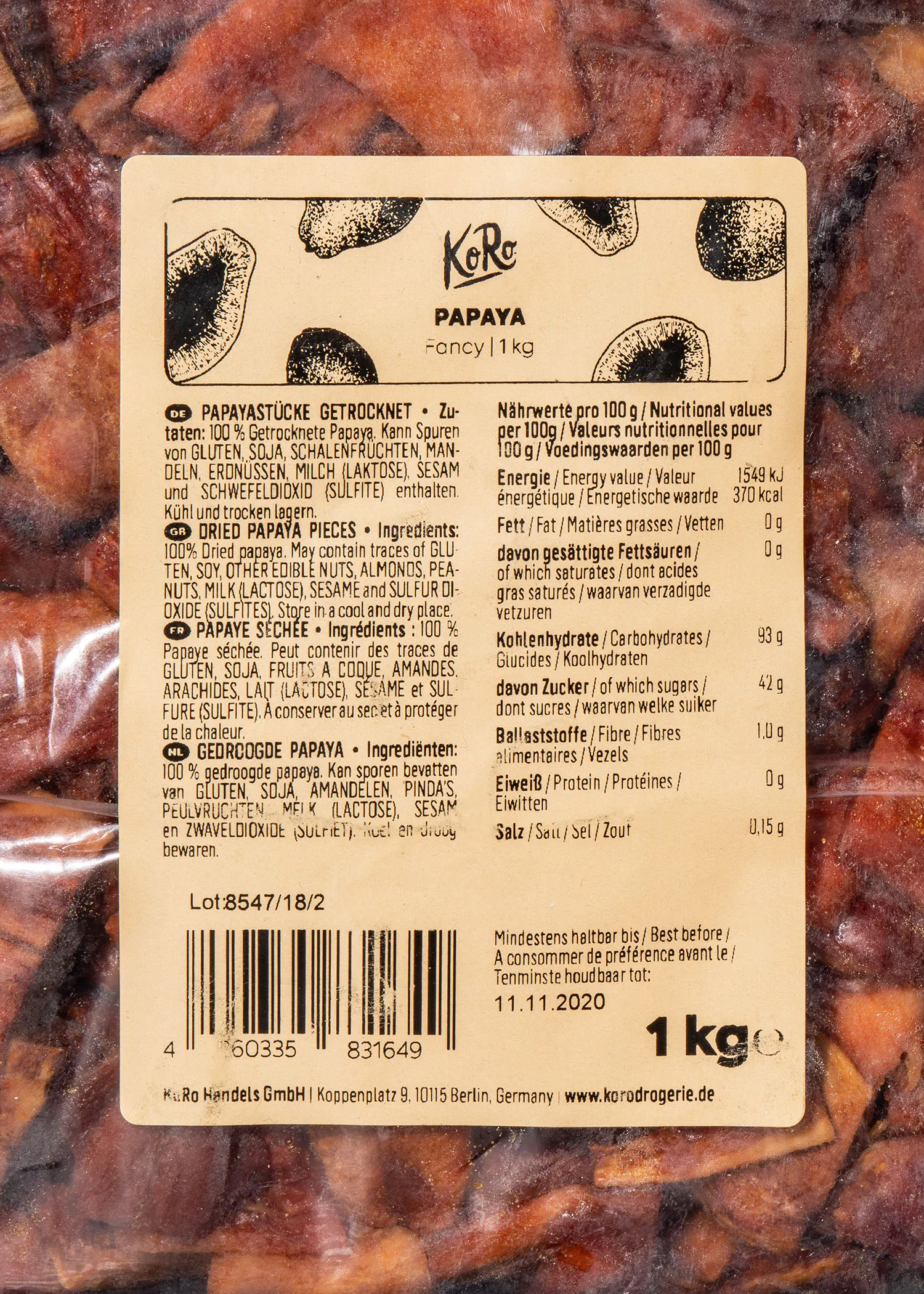 the back of a bag of papaya fancy 1 kg