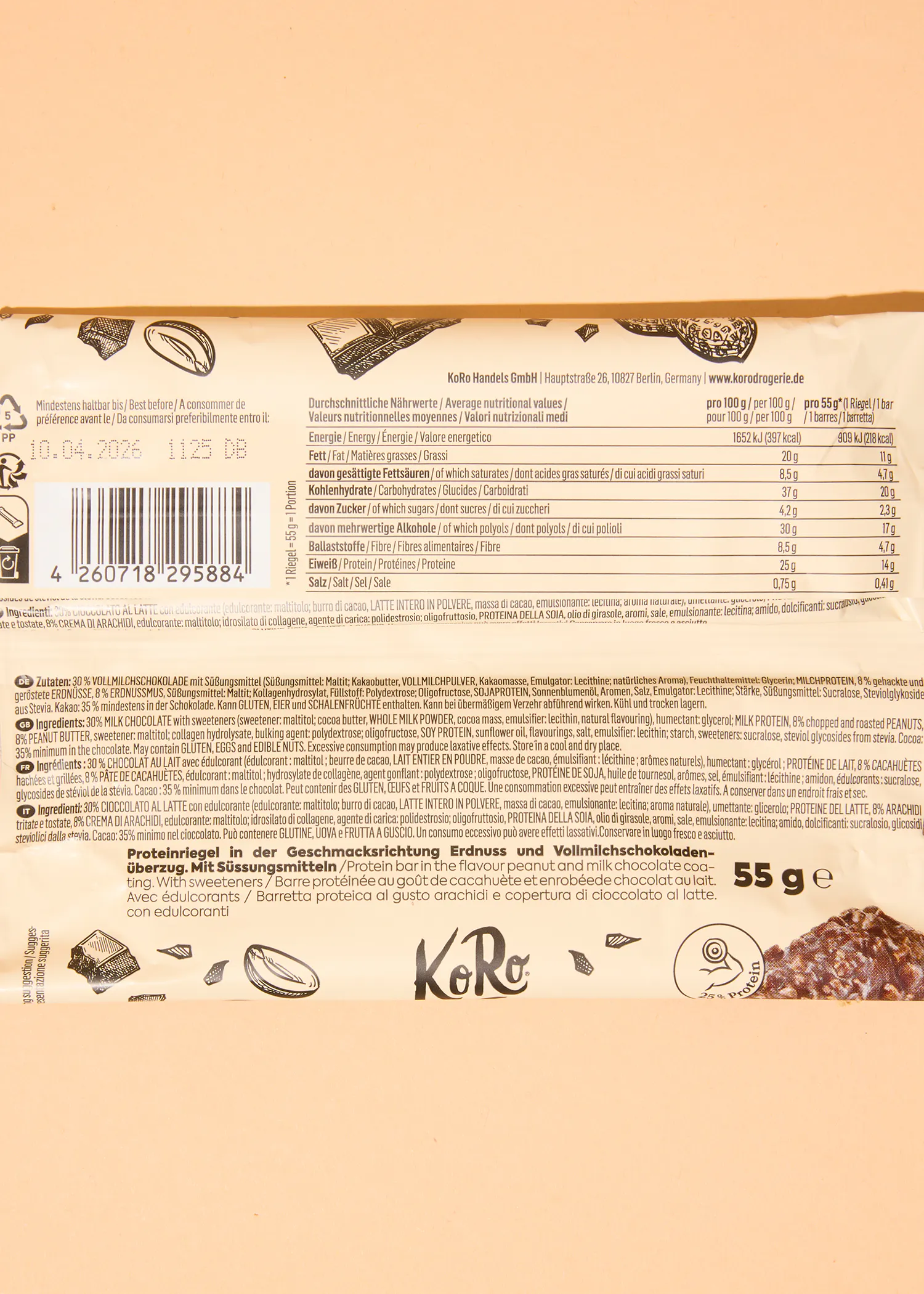 the back of a bar of chocolate shows the ingredients and nutrition facts