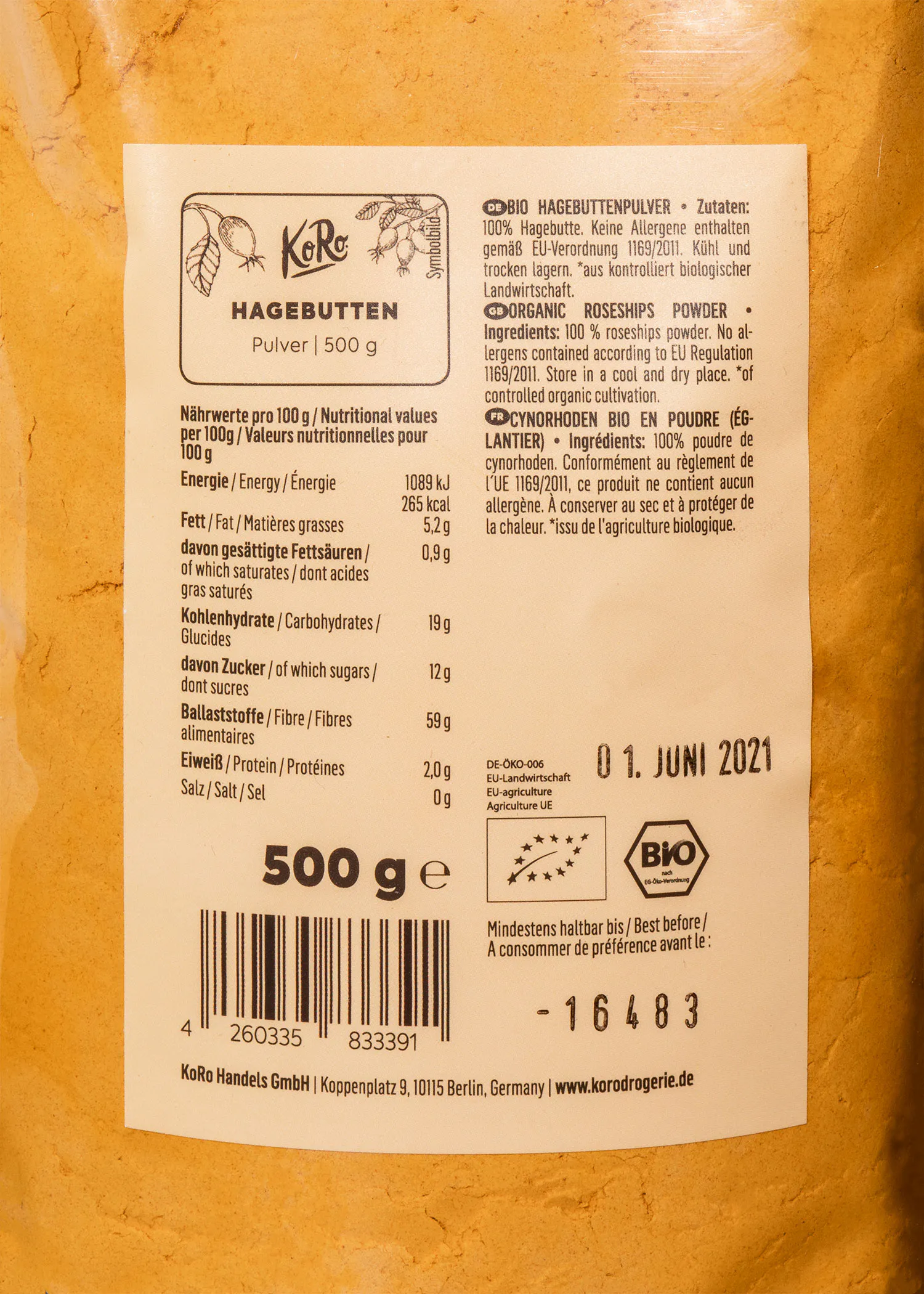 die Rückseite eines 500g-Beutels zeigt die Nährwertangaben