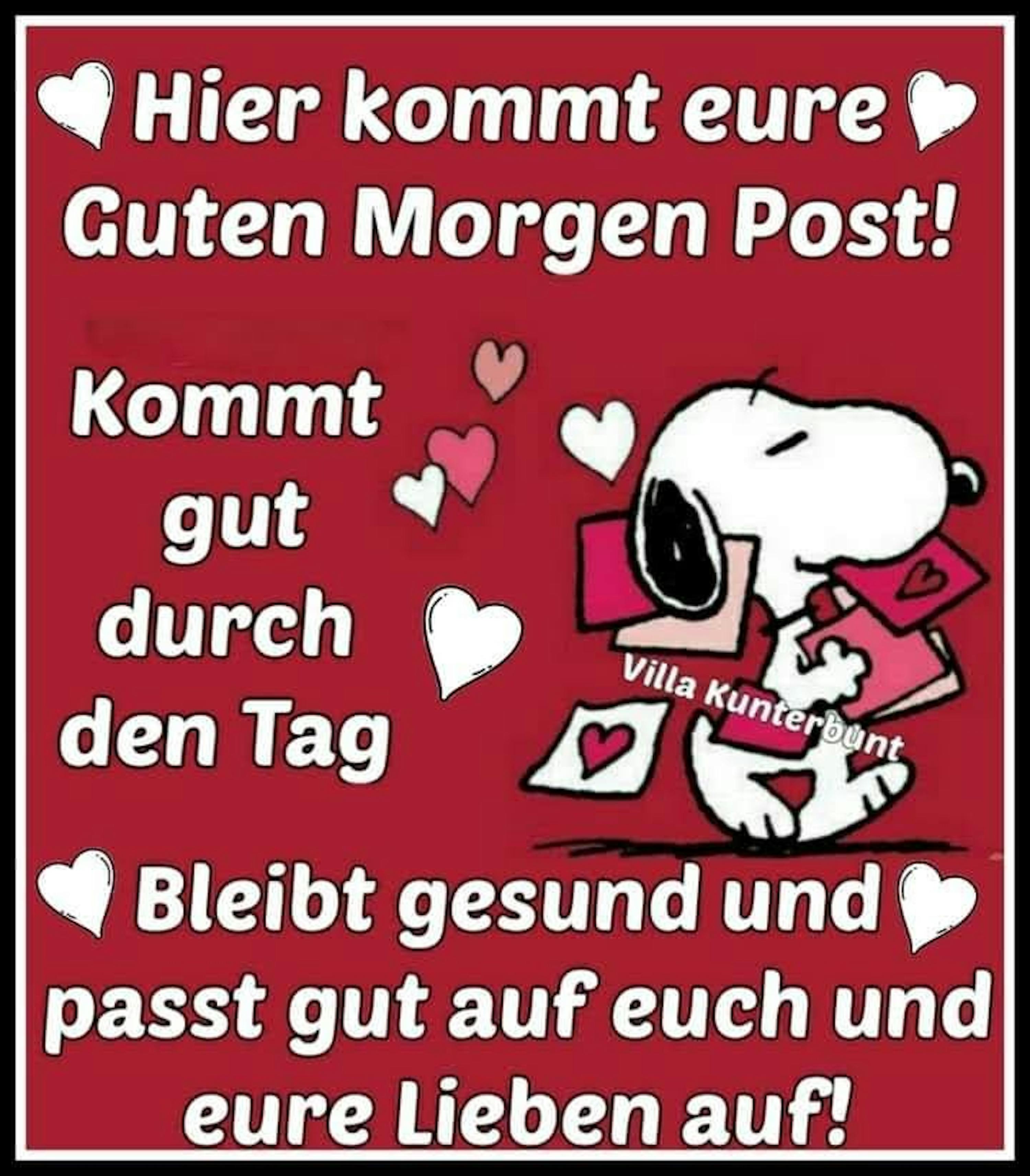 ein Bild von Snoopy mit der Aufschrift hier kommt eure guten Morgen-Post