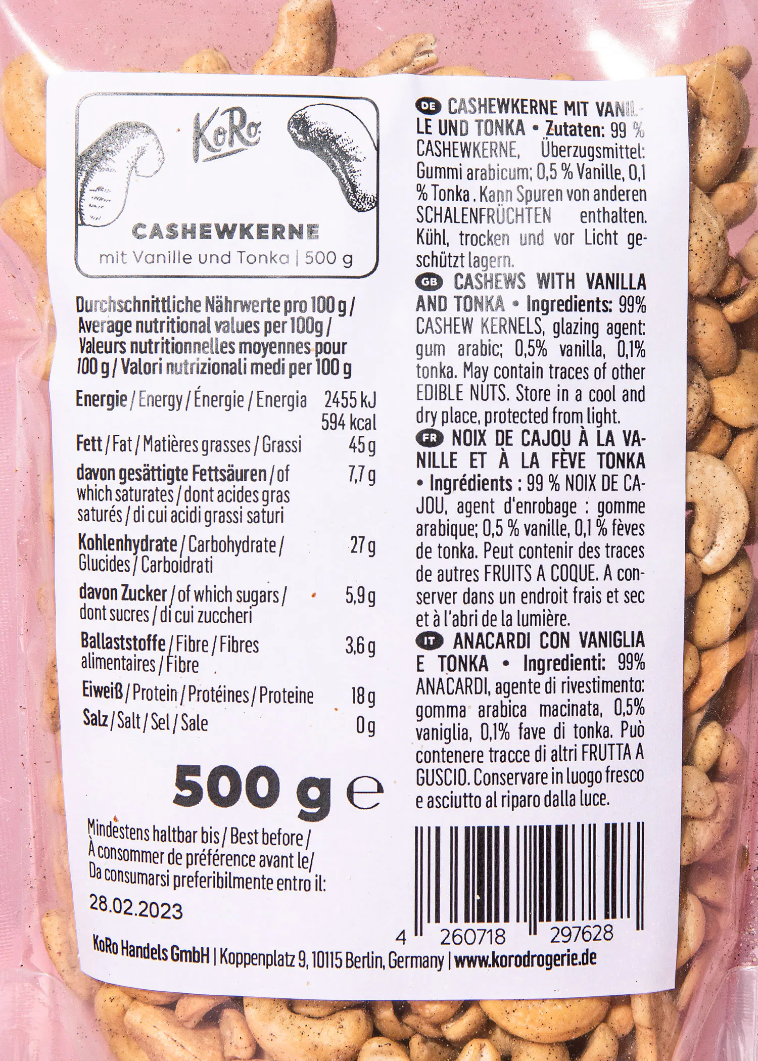 a 500 g bag of cashews with vanilla and tonka