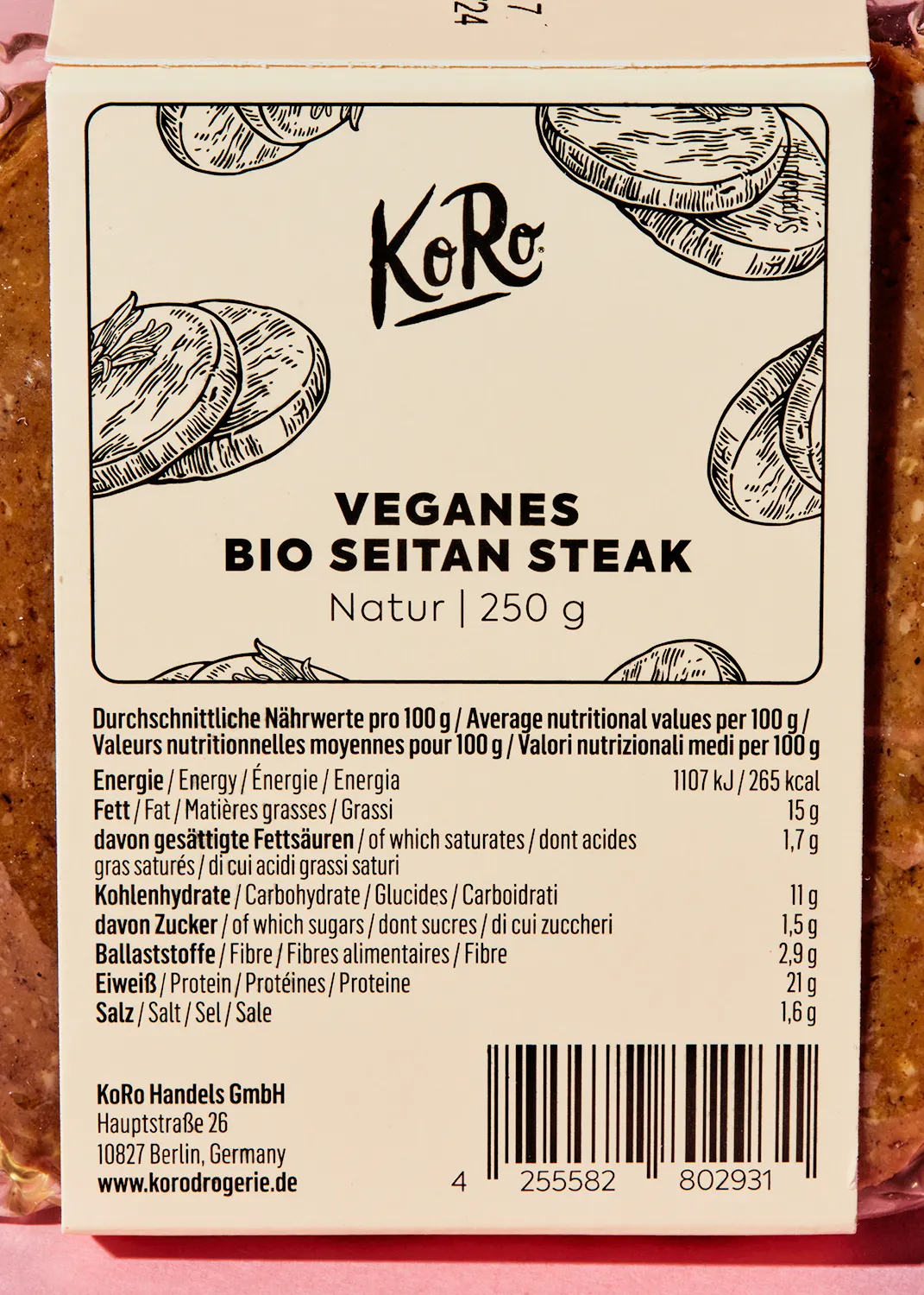 die Rückseite eines veganen Bio-Saitan-Steaks