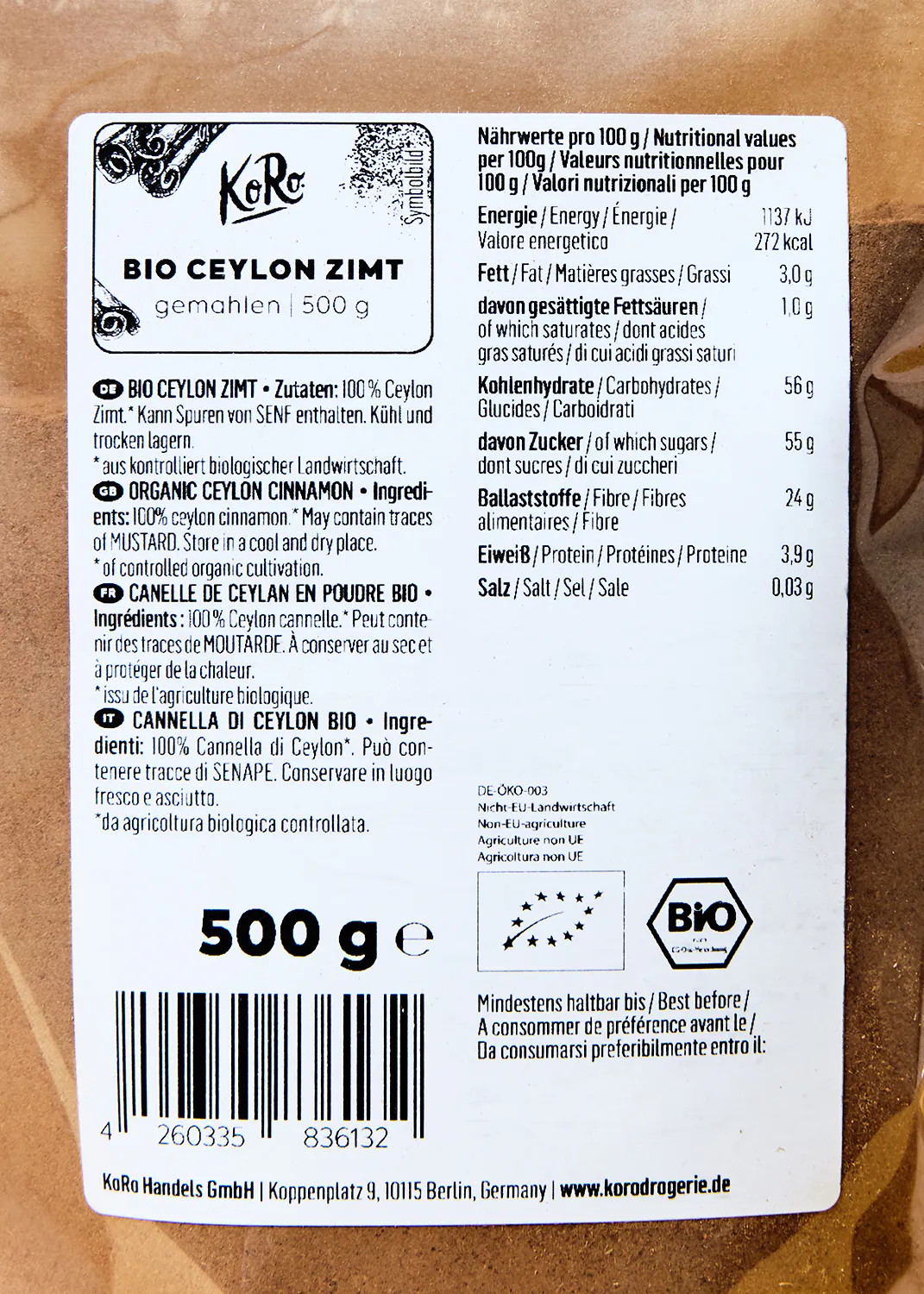 a label for bio ceylon zimt shows the nutritional values