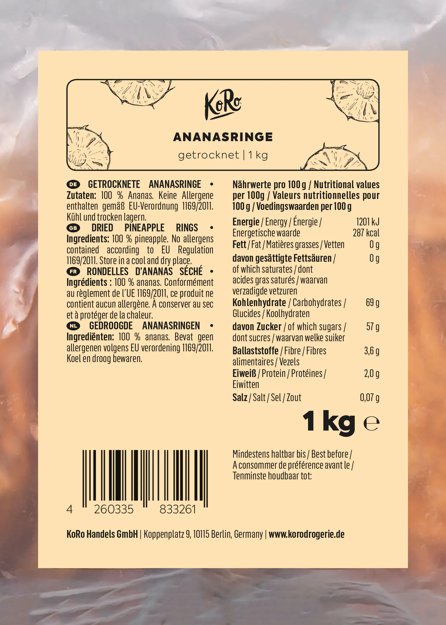 die Rückseite einer 1kg-Flasche ananasringe