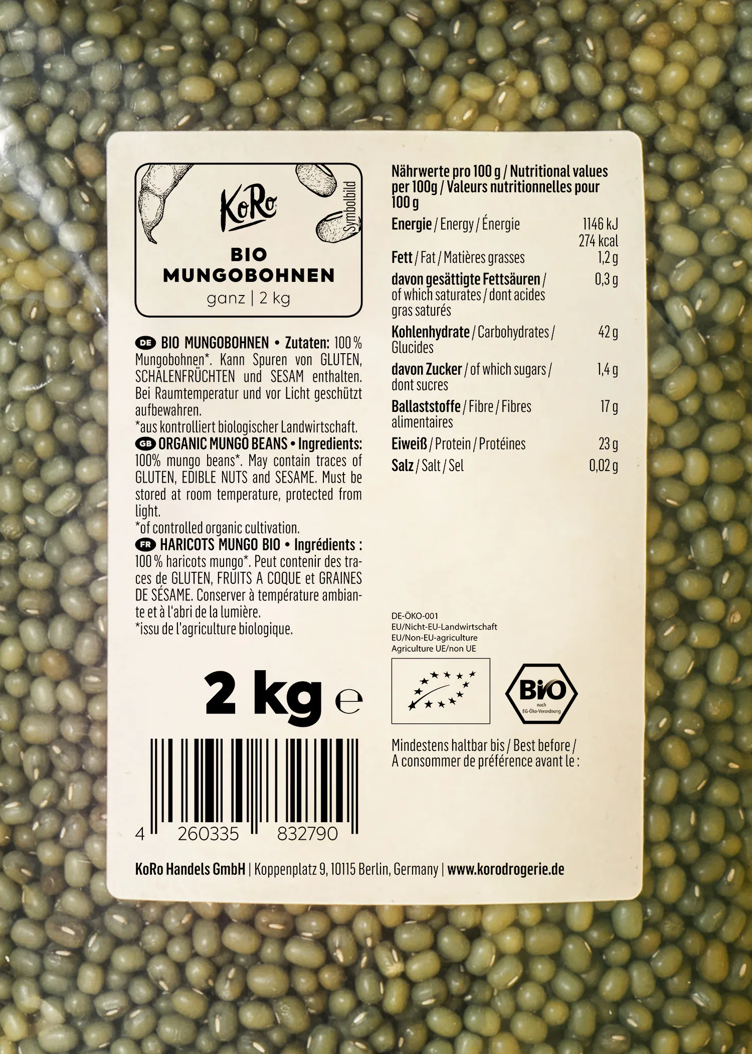 the back of a package of organic mungo beans