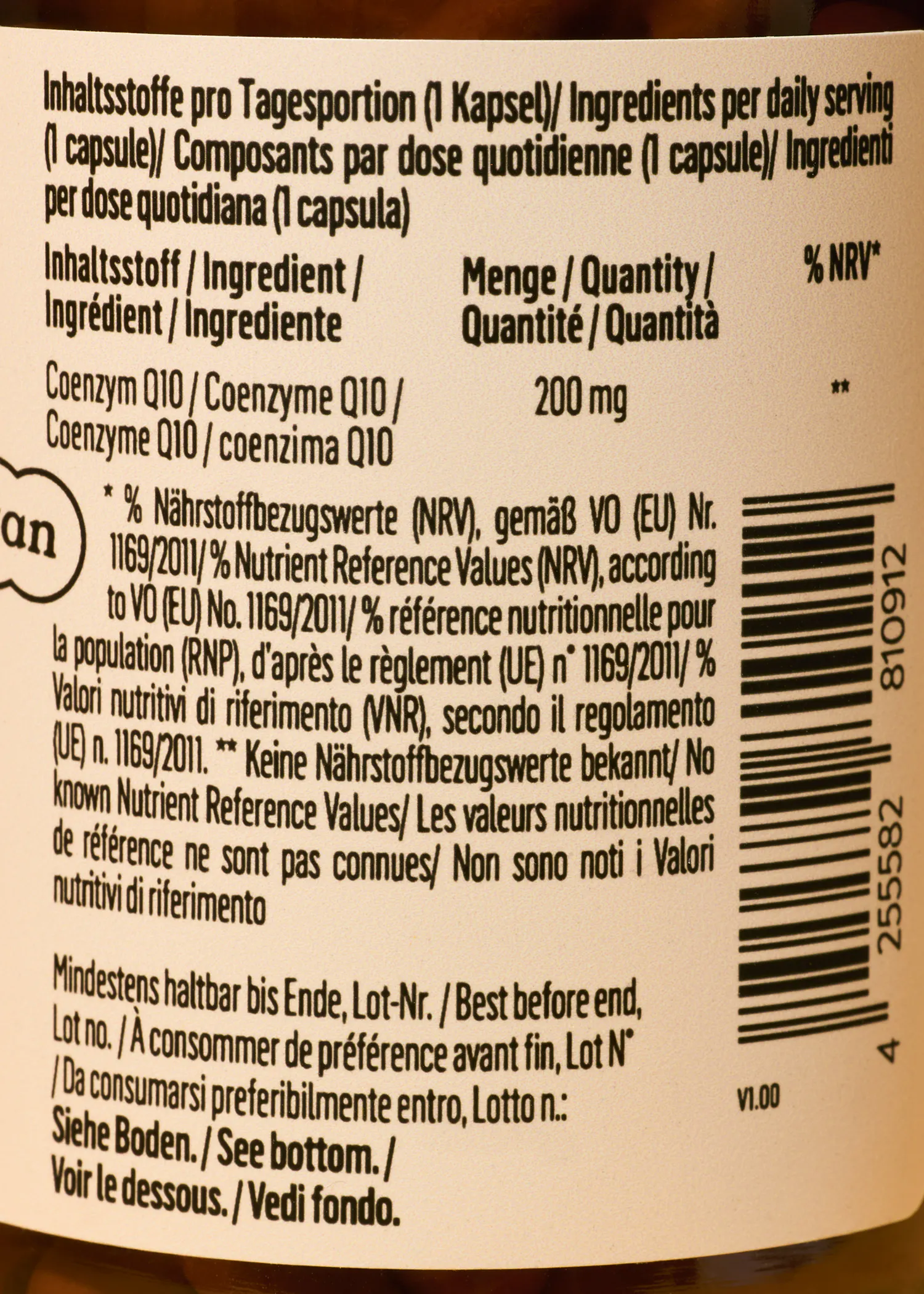 the back of a bottle of coenzyme q10 capsules