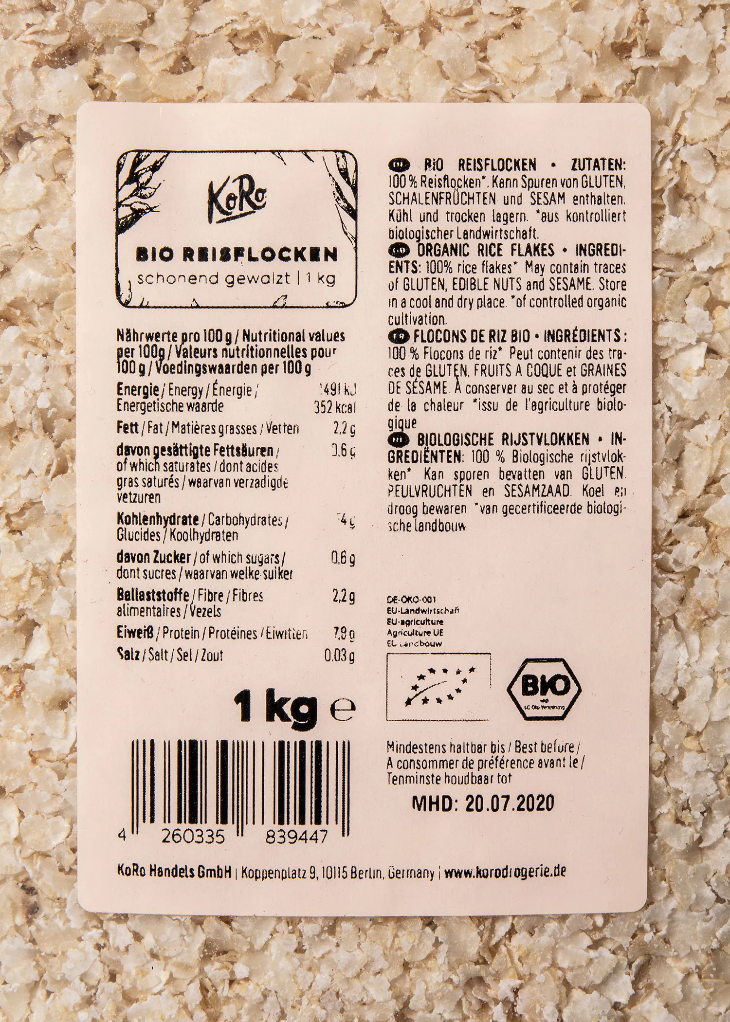 die Rückseite eines 1kg-Produkts zeigt die Nährwertangaben