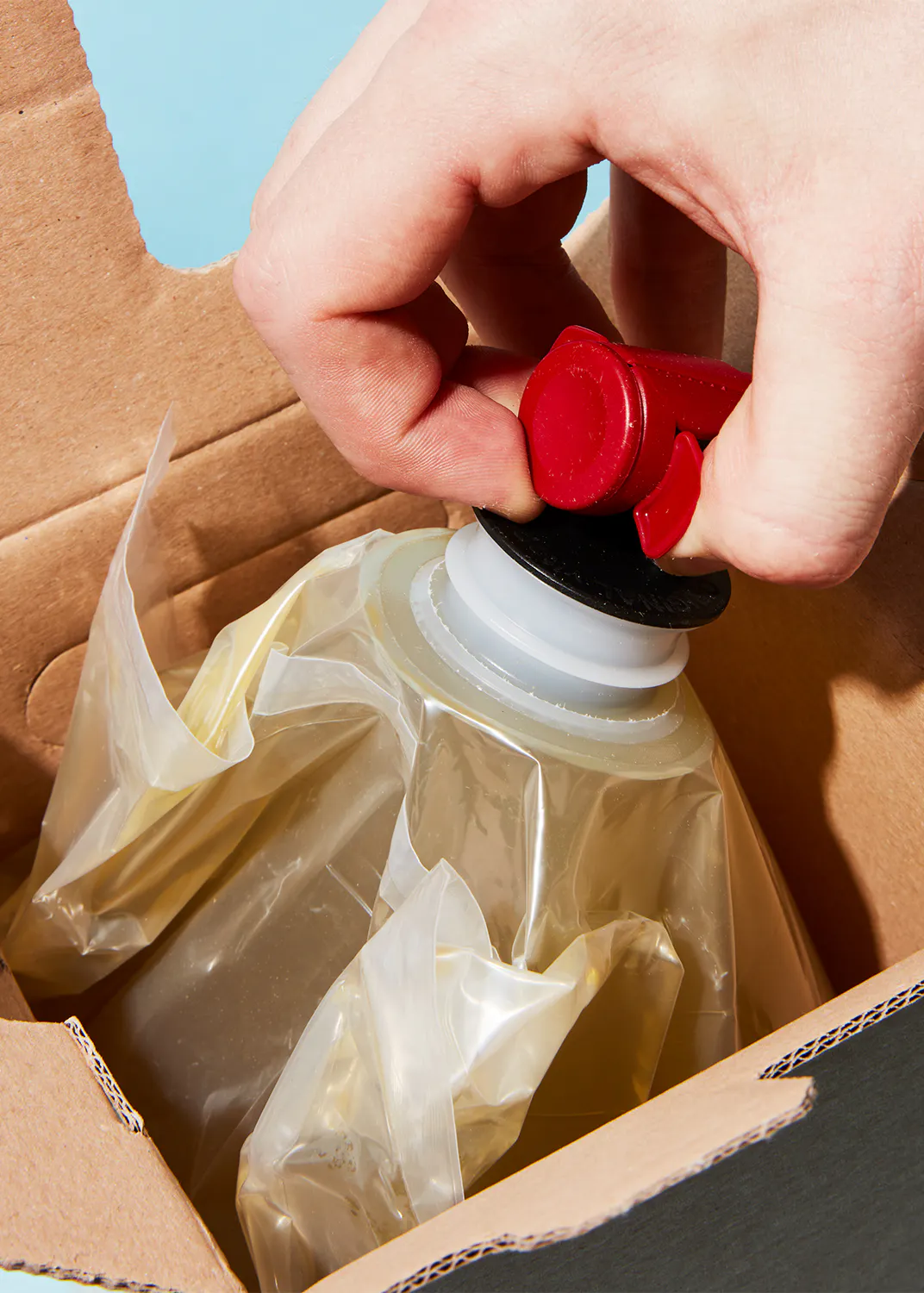 una persona sostiene un tapón rojo en una bolsa de plástico