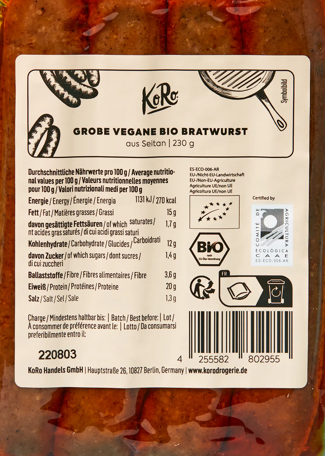 l' étiquette d' un gros végétalien bio bratwurst avec des informations nutritionnelles