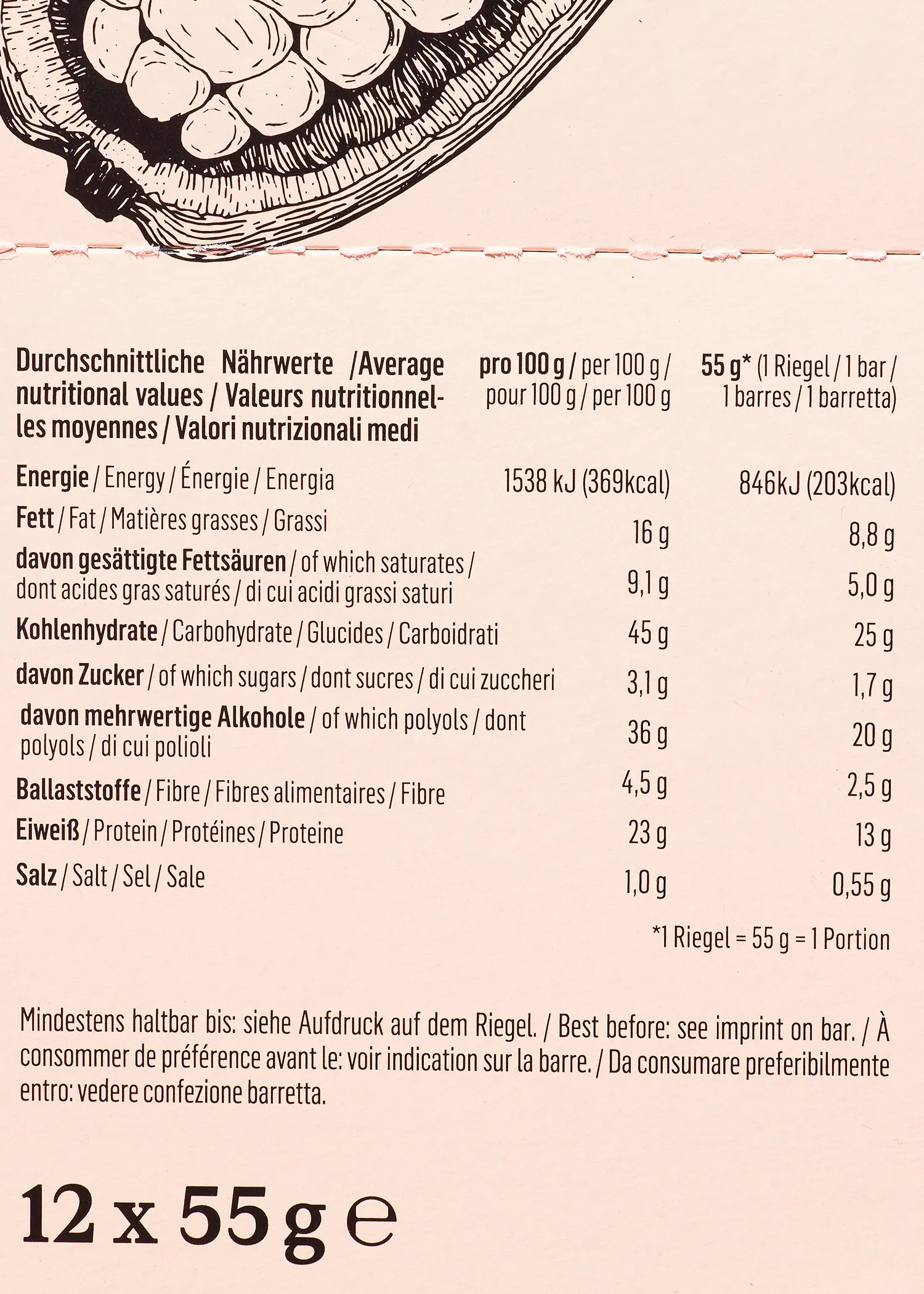 a box of 12 x 55g contains a nutritional facts table