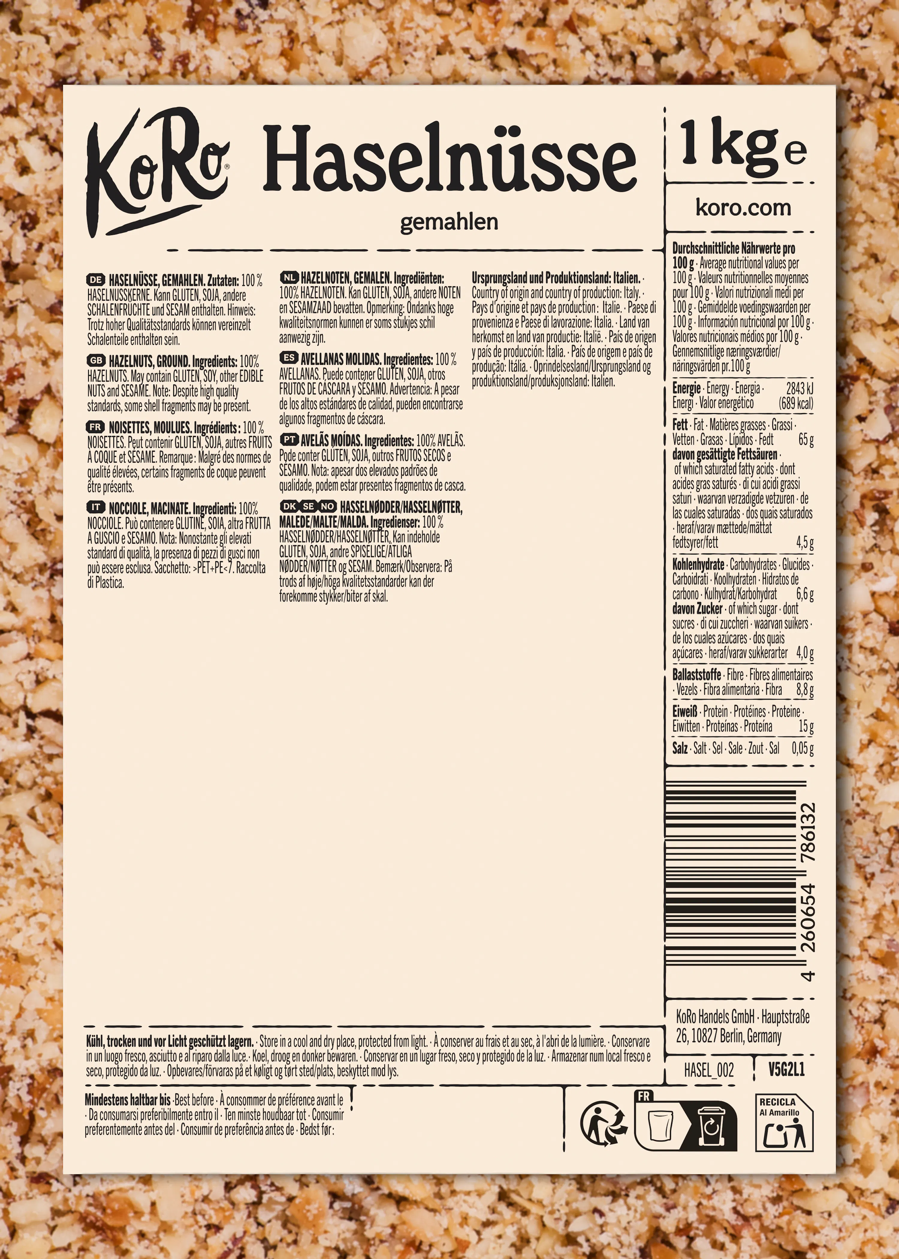 etichetta del prodotto koro haselnüsse gemahlen (nocciole macinate) da 1 kg, con informazioni nutrizionali, ingredienti in più lingue, istruzioni per la conservazione e un codice a barre.