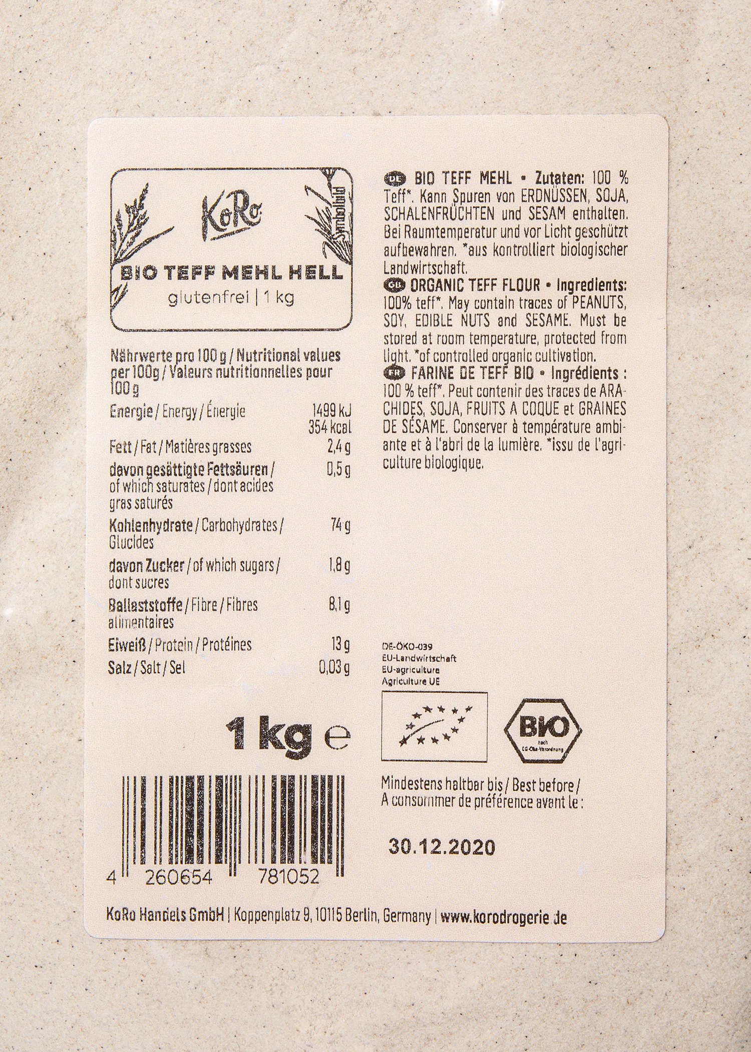 Luomu vaalea teff-jauho 1 kg