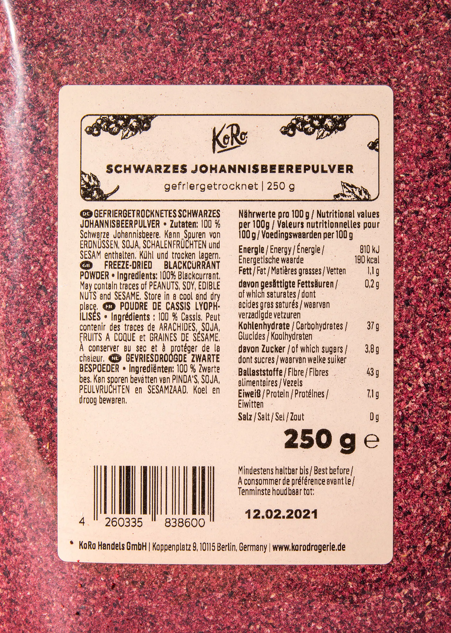 l' arrière d' un sac de 250 g de poudre de cerise noire
