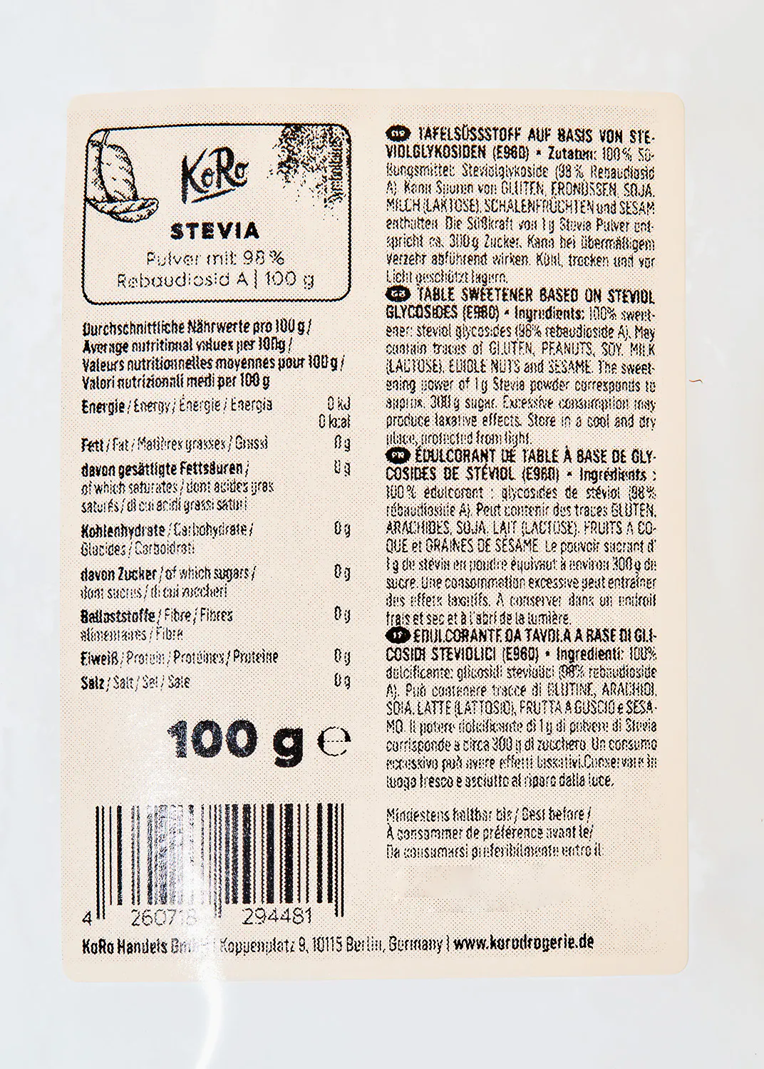 eine Packung steviapulver mit 98 % rebaudiosid a 100g