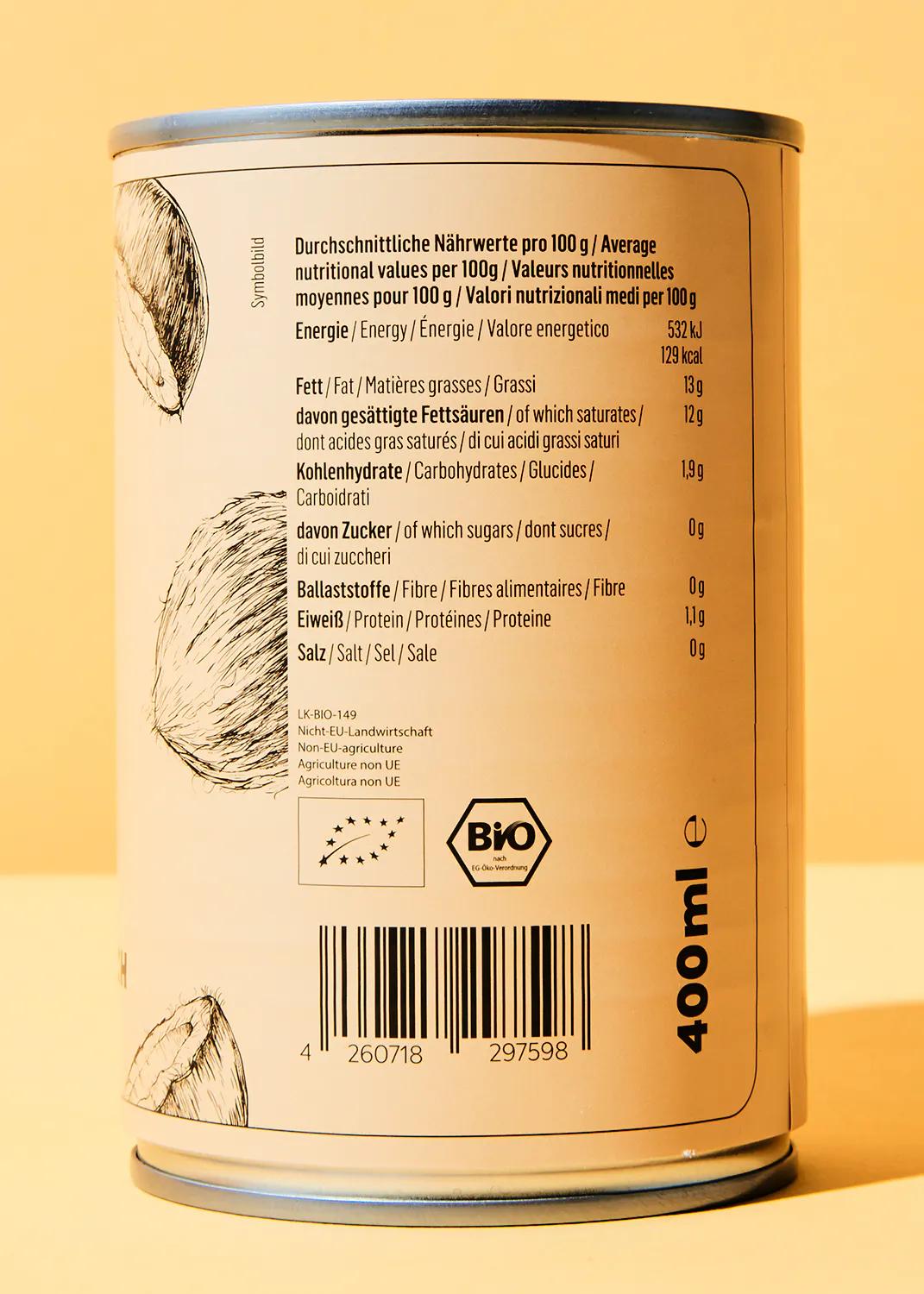 the back of a can of food shows the nutritional values per 100g