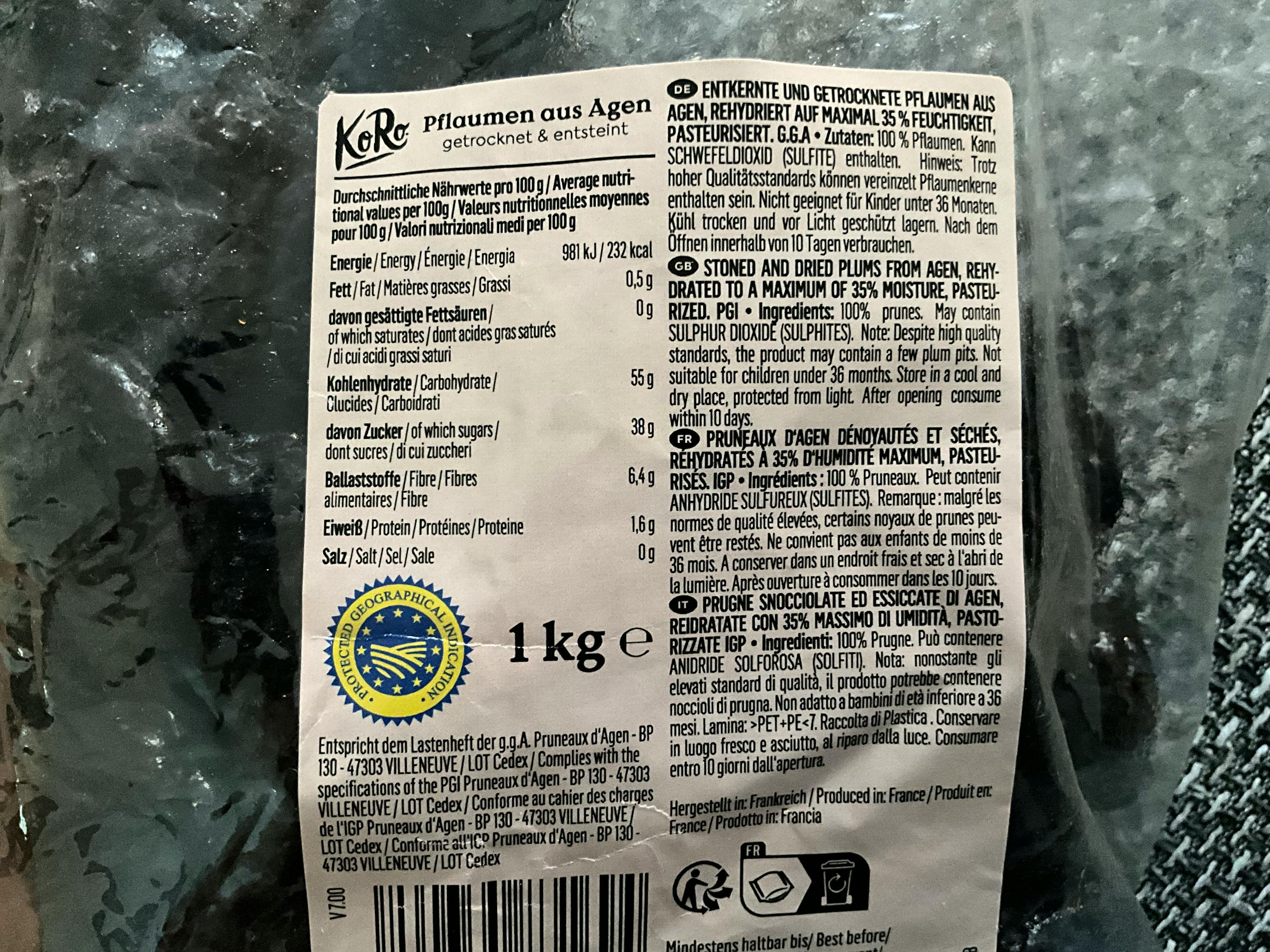 l' arrière de l' emballage d' un produit de 1kg